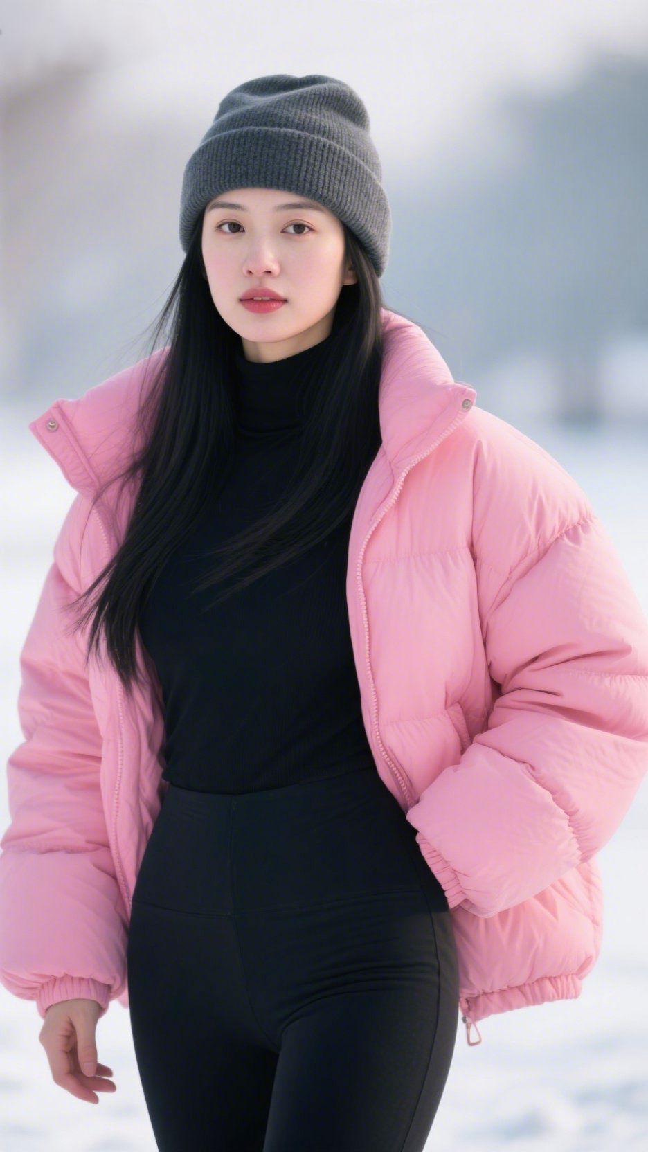 雪境里的粉柔暖意
 
雪色漫铺的天地间，她立在风里，粉羽绒服像裹了团轻软的云絮。