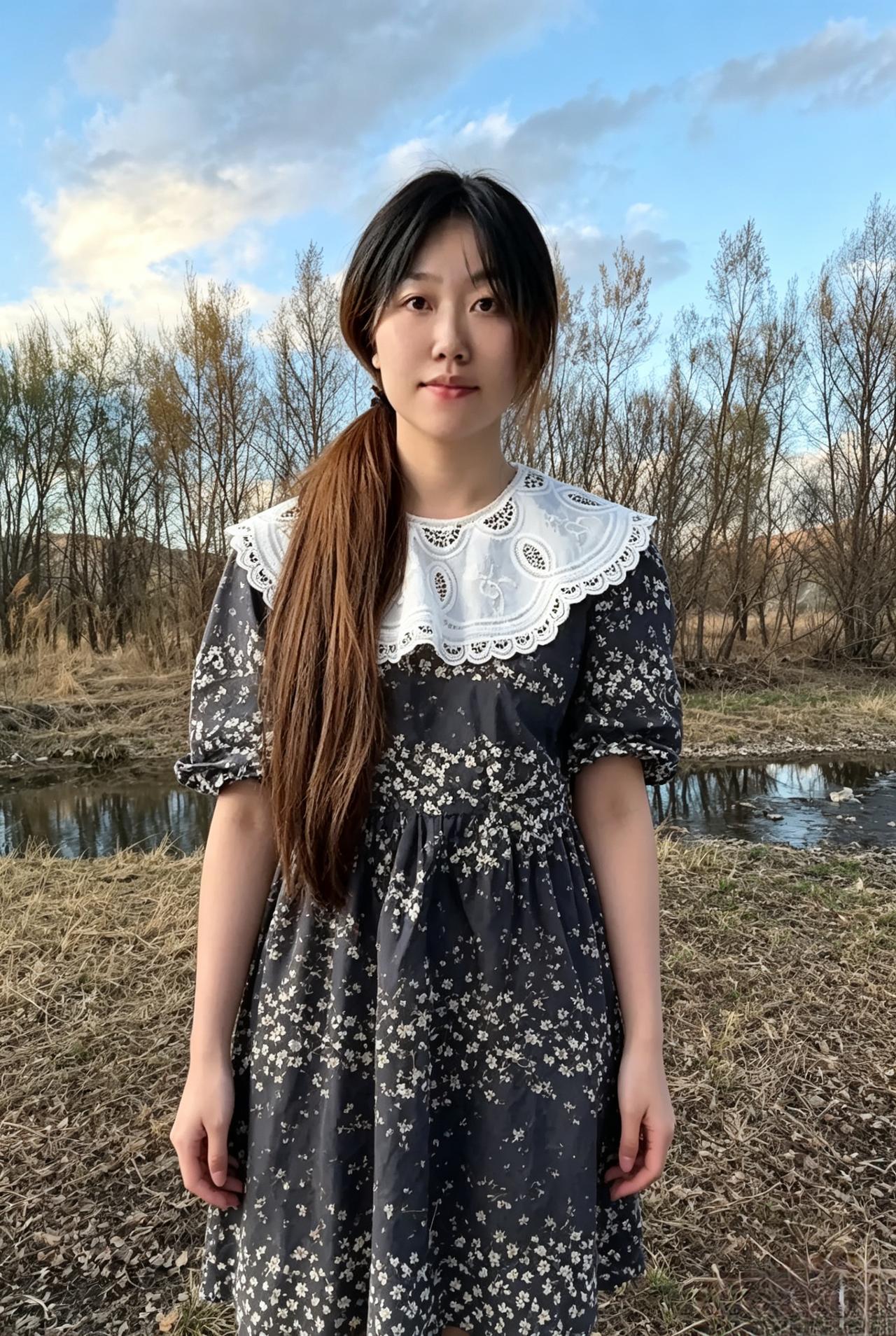 河畔的风带着草木的味道，
蓝天很高，云也很淡。
你站在晴光里，
裙上的白花，
像