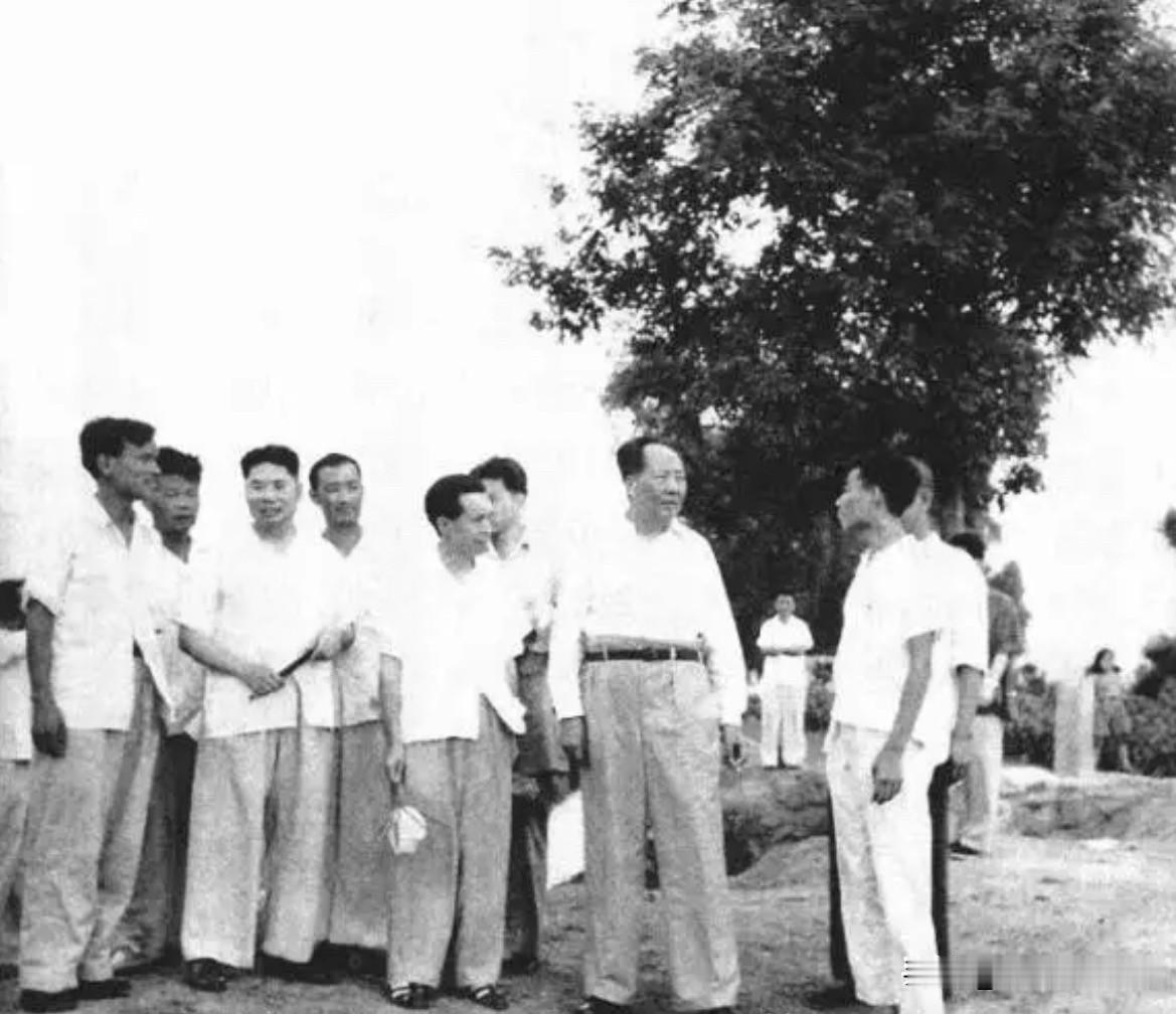 1958年8月9日下午，毛泽东主席在历城北园农业社田头与社负责人亲切交谈。看到路