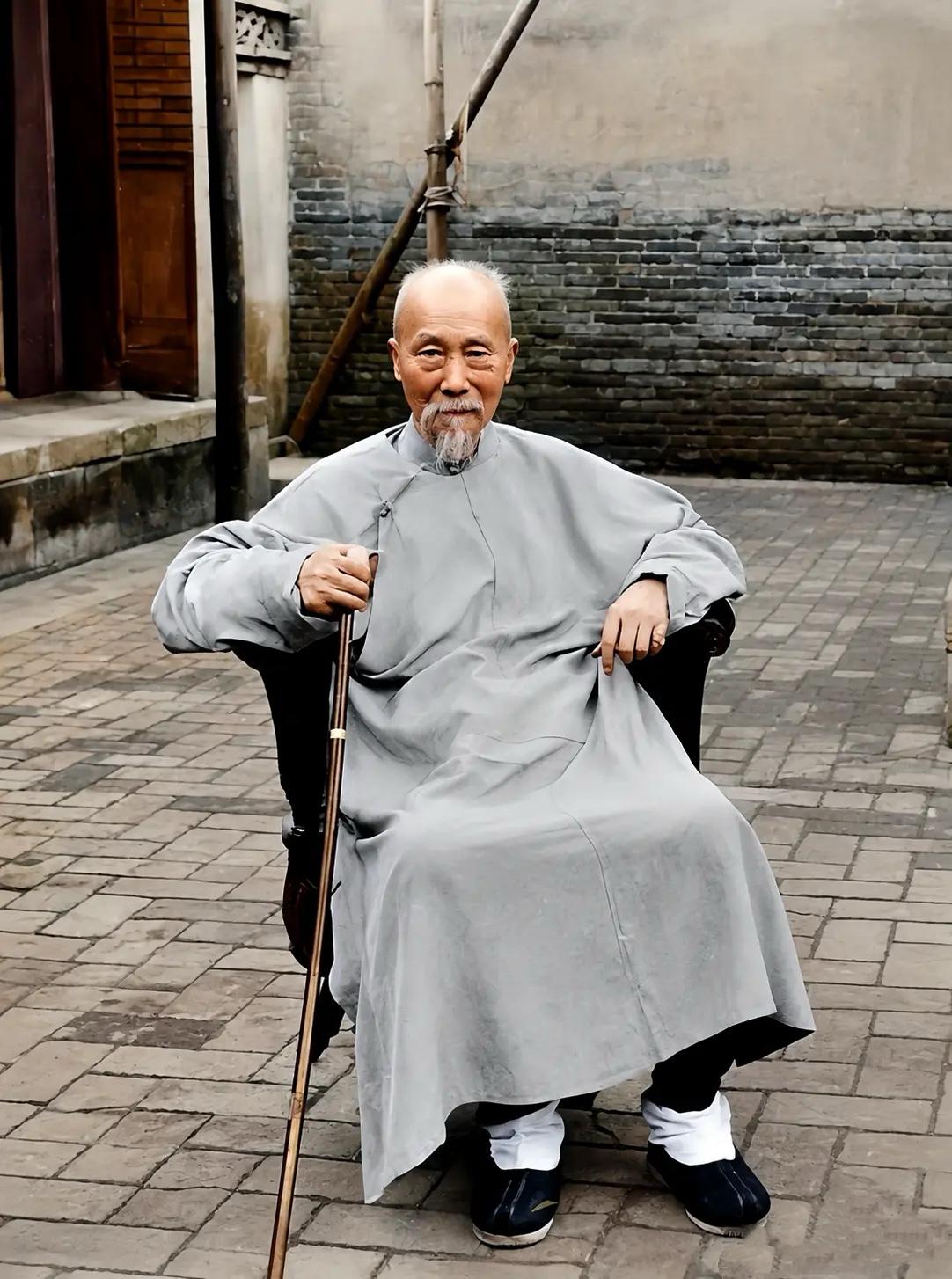 1900年，李鸿章在广州时期的一张留影，镜头中的他穿着便服坐在藤椅上，须发皆白，