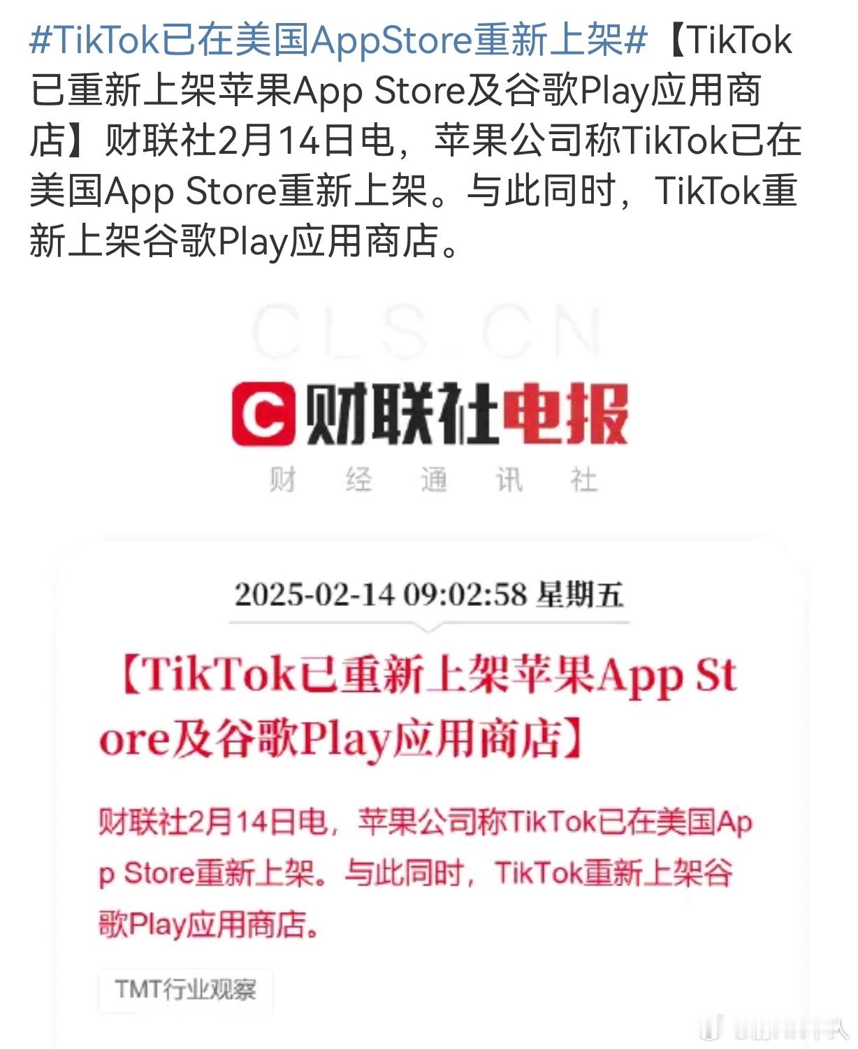 TikTok已在美国AppStore重新上架：TikTok已重新上架苹果App 