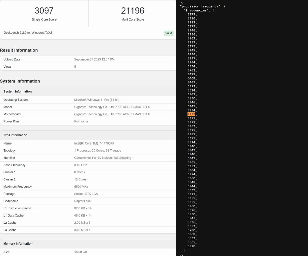 【英特尔酷睿i7-14700KF现身Geekbench】近日，Geekbench
