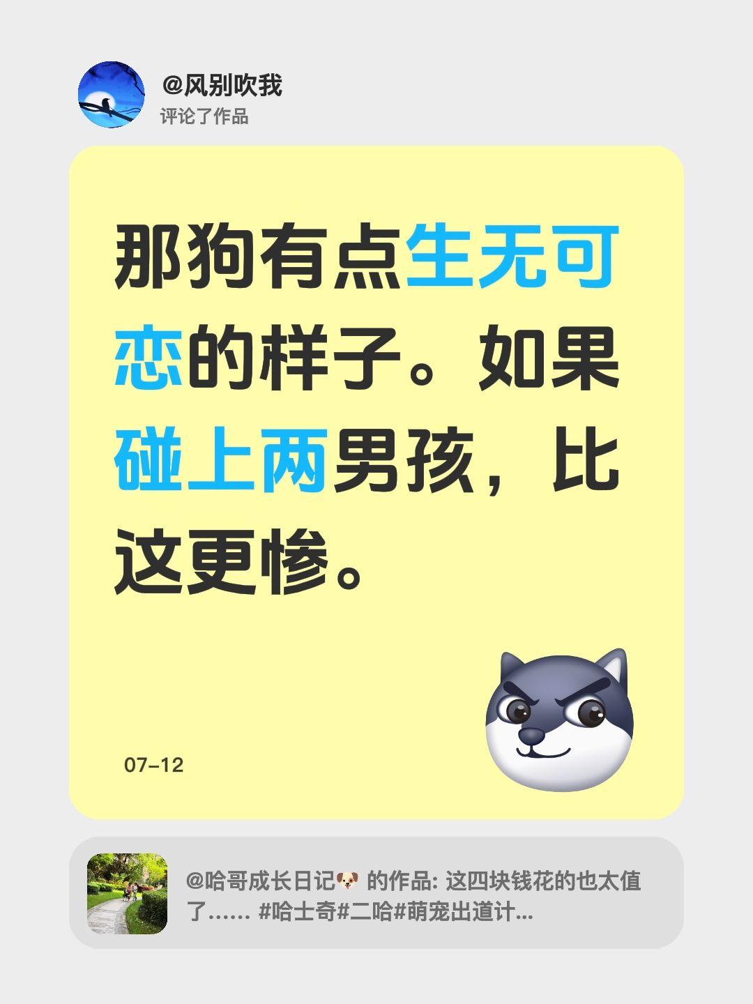 我评论了@哈哥成长日记🐶 的作品：
那狗有点生无可恋的样子。如果碰上两男孩，比