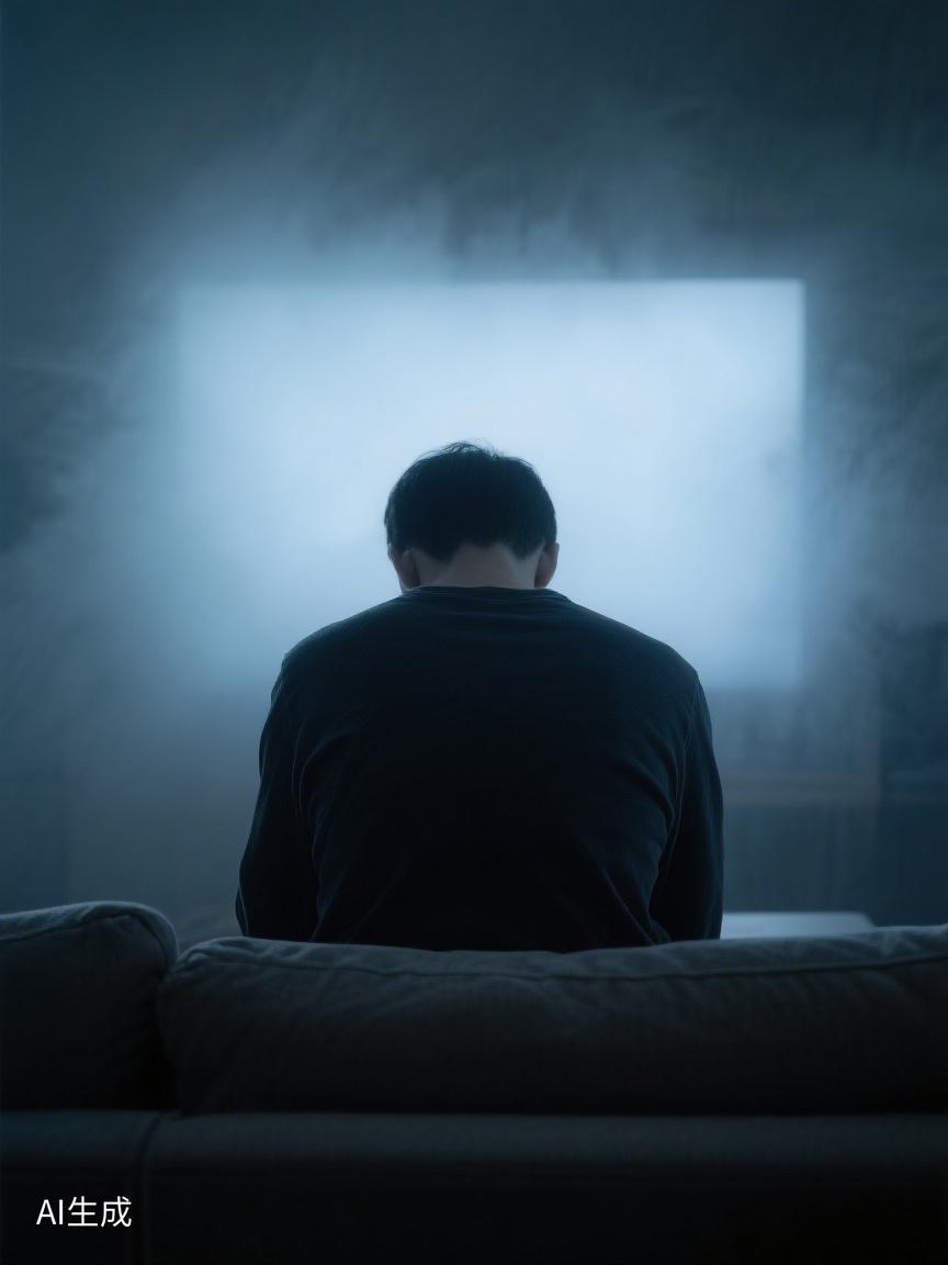 AI妙生图在幽暗中独坐，被荧屏微光笼罩，是逃避还是找寻内心的宁静？