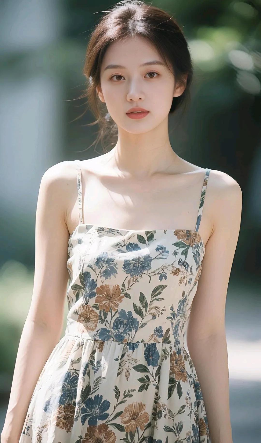 夏日清新少女风，花卉印花连衣裙，自然光下更显柔美。