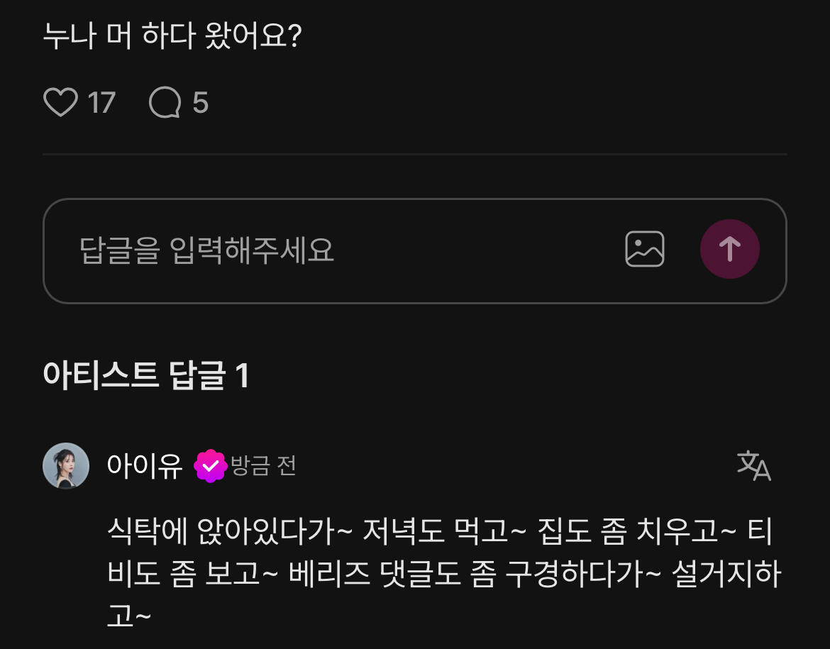 爱娜：姐姐你在做什么IU：坐在餐桌前~ 吃晚饭~收拾一下家~看电视~看看Berr
