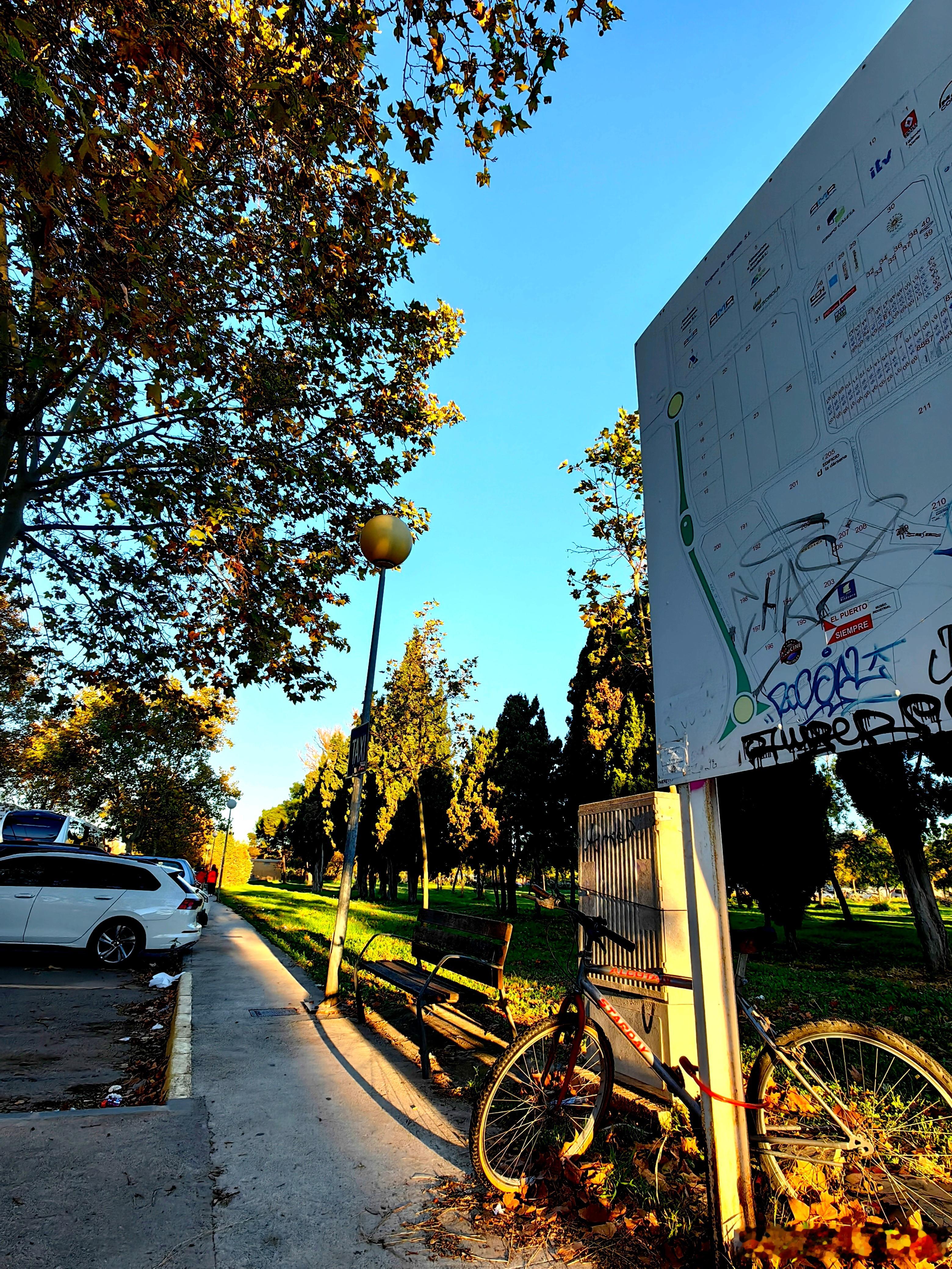 冬阳把树影铺成细长的诗，单车斜倚着地图牌，落叶裹着风的余温。蓝天把季节的底色调得