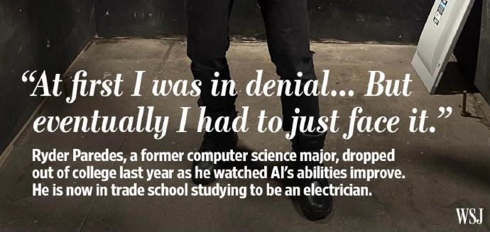 WSJ报道了在AI阴云压顶的形势下，美国年轻人的就业方向变化：

要么彻底拥抱A