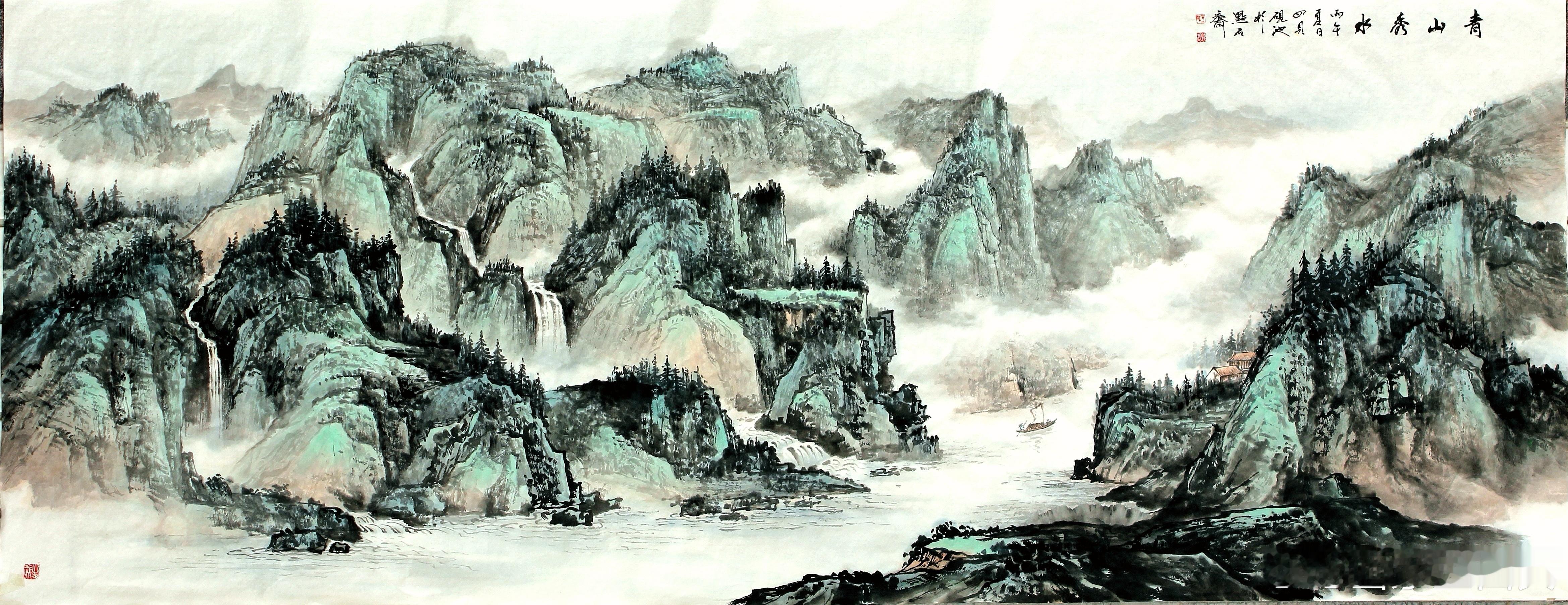 新作【青山秀水】180cmX70cm国画山水书画界书画新浪潮 任丘