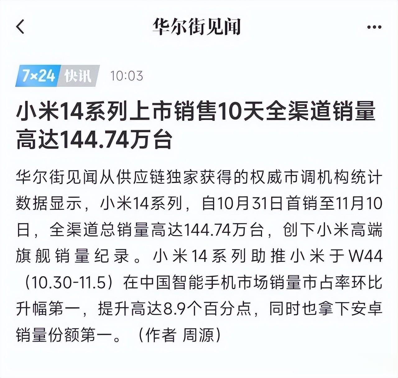10天售出144.74多万台，小米14系列：恭喜了
小米14系列在上市销售10天