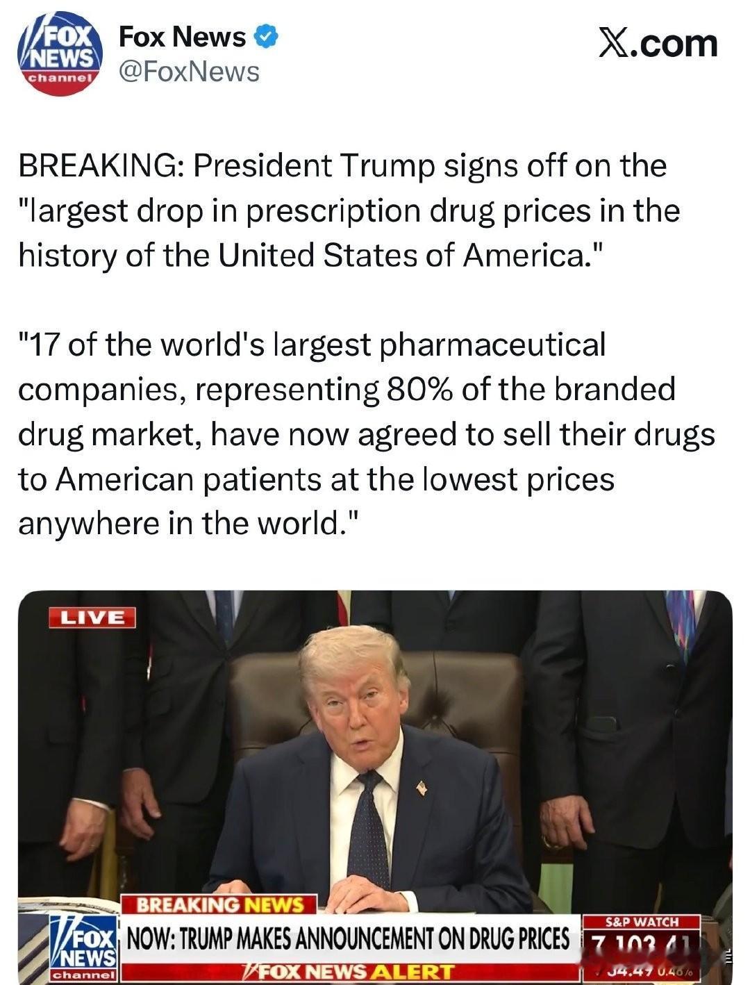 突发新闻：川普总统批准了“美国历史上处方药价格的最大降幅”。
 
“占品牌药市场