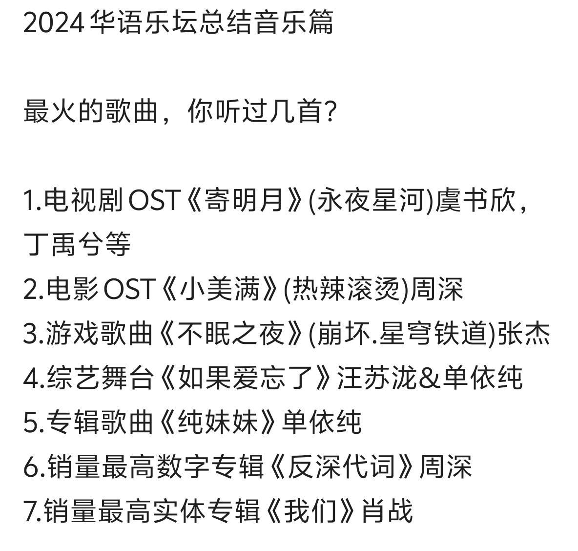 2024华语乐坛总结音乐篇最火的歌曲，你听过几首？1.电视剧OST《寄明月》(永