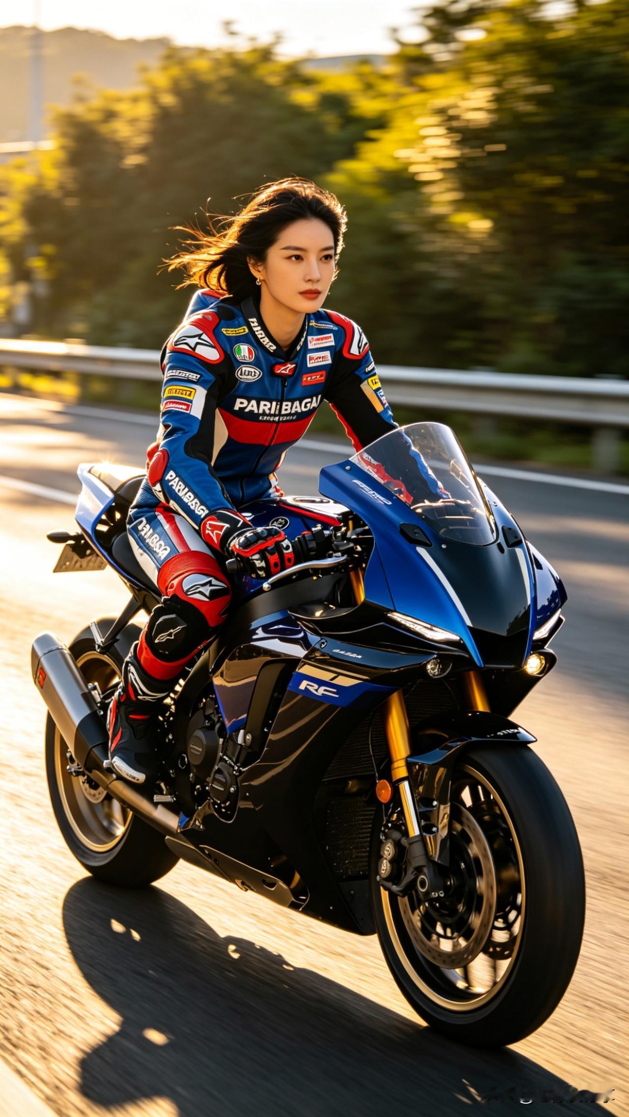 打油诗.追风女骑士
原创：老陈爱分享

蓝衣红甲跨铁骑，
风驰电掣追落日。
谁说