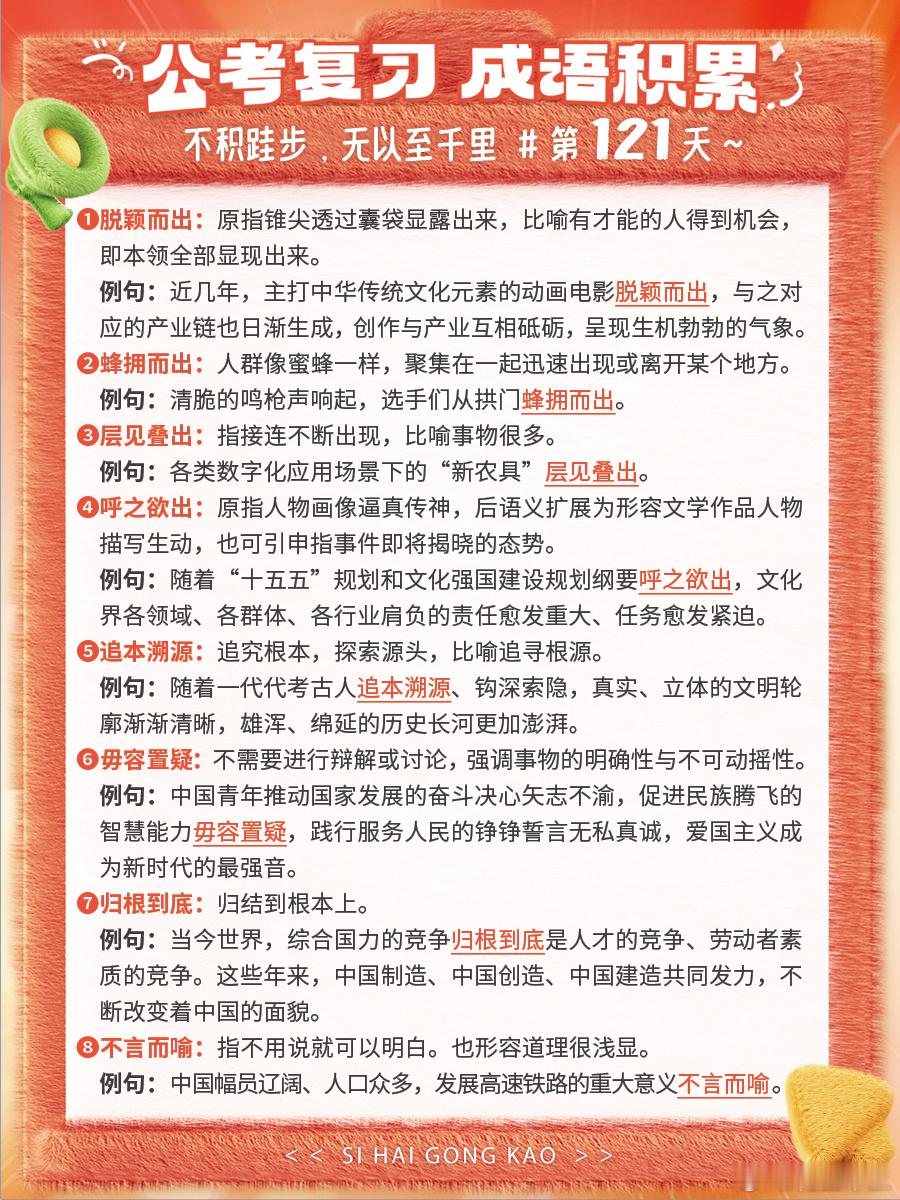 成语积累第121天脱颖而出 蜂拥而出 层见叠出 呼之欲出追本溯源 毋容置疑 归根