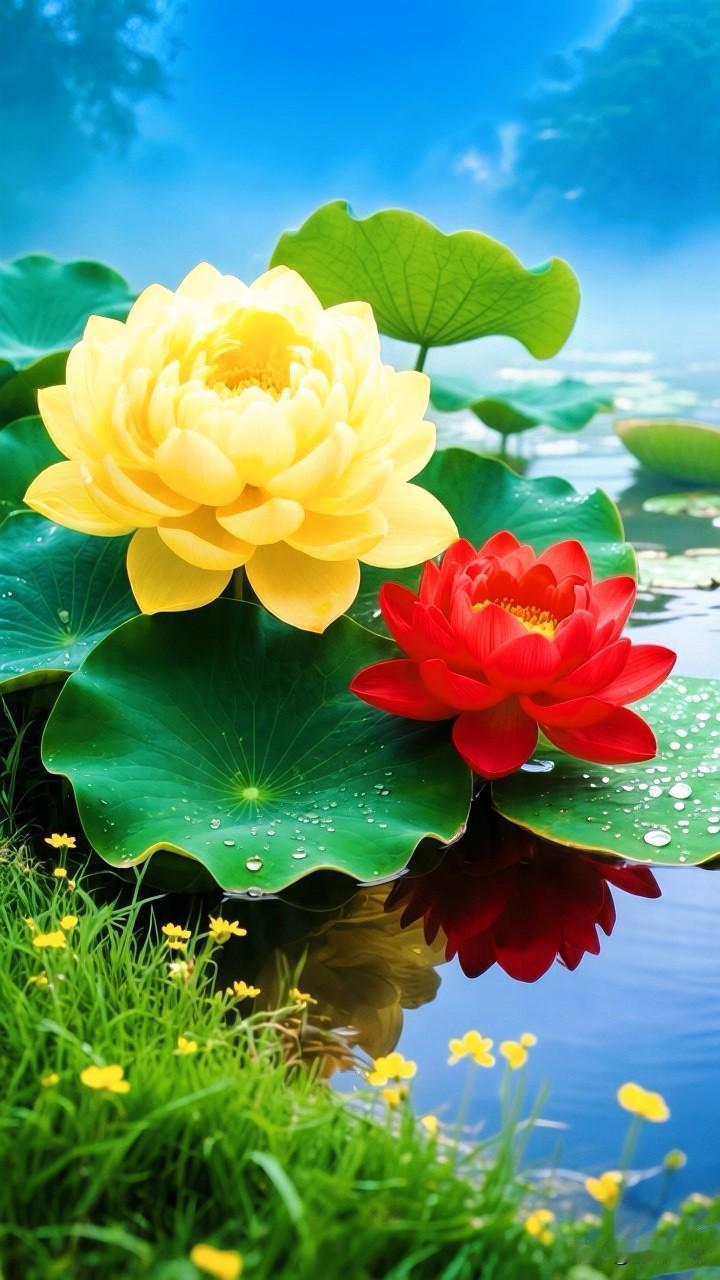 一池斑斓，半亩方塘，黄的灿烂，红的热烈，在这池碧水间，黄荷明媚如骄阳，红荷热烈似