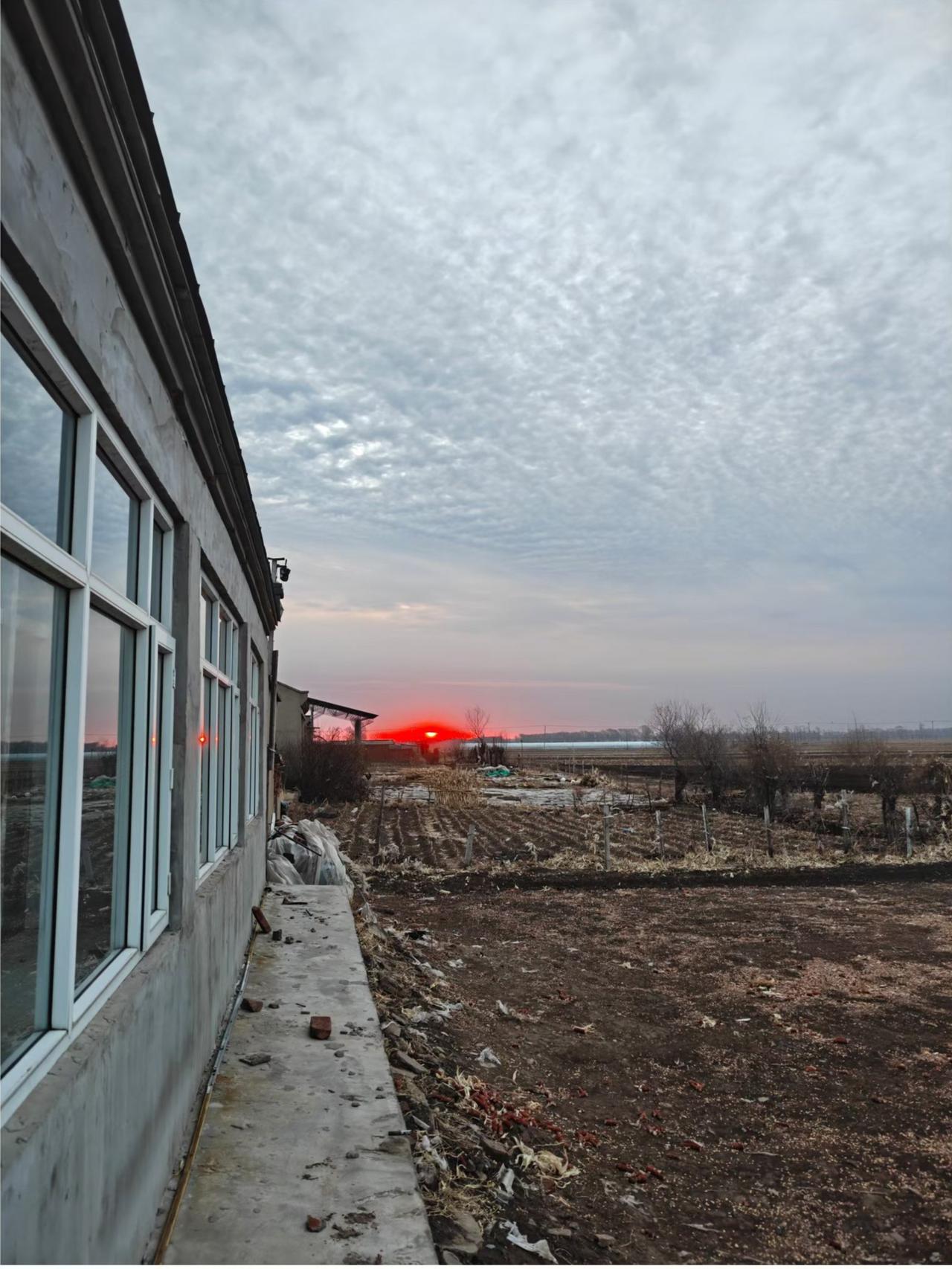 红彤彤的晨光，静谧的乡村美景，天是那么蓝晨光初现，让人感觉安逸恬静。