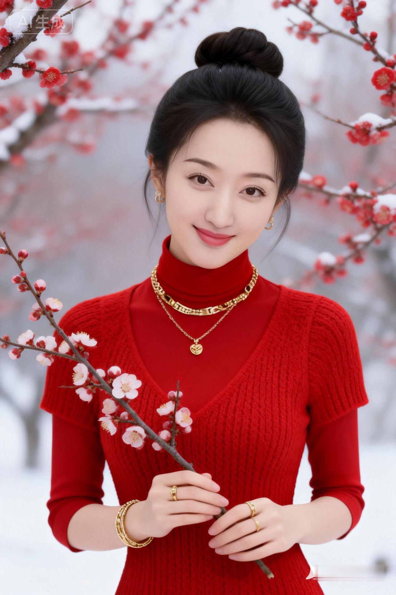 冬日暖阳下，红衣少女与雪中梅花相映成趣。