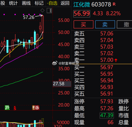 江化微这波趋势走得很强，盘中冲高到 57.26 元后开始回落，目前涨幅 8.22