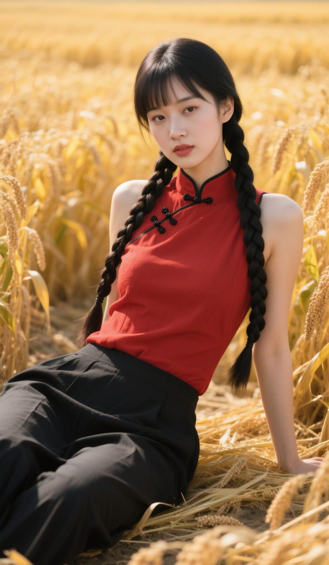 红衣美人卧麦田，黑发如瀑映金秋。