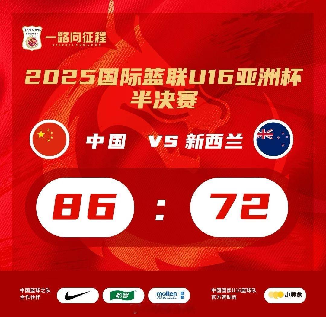 哦吼，又是赢了新西兰14分进决赛～这是中国u16男篮 在2017年后，首次晋级U