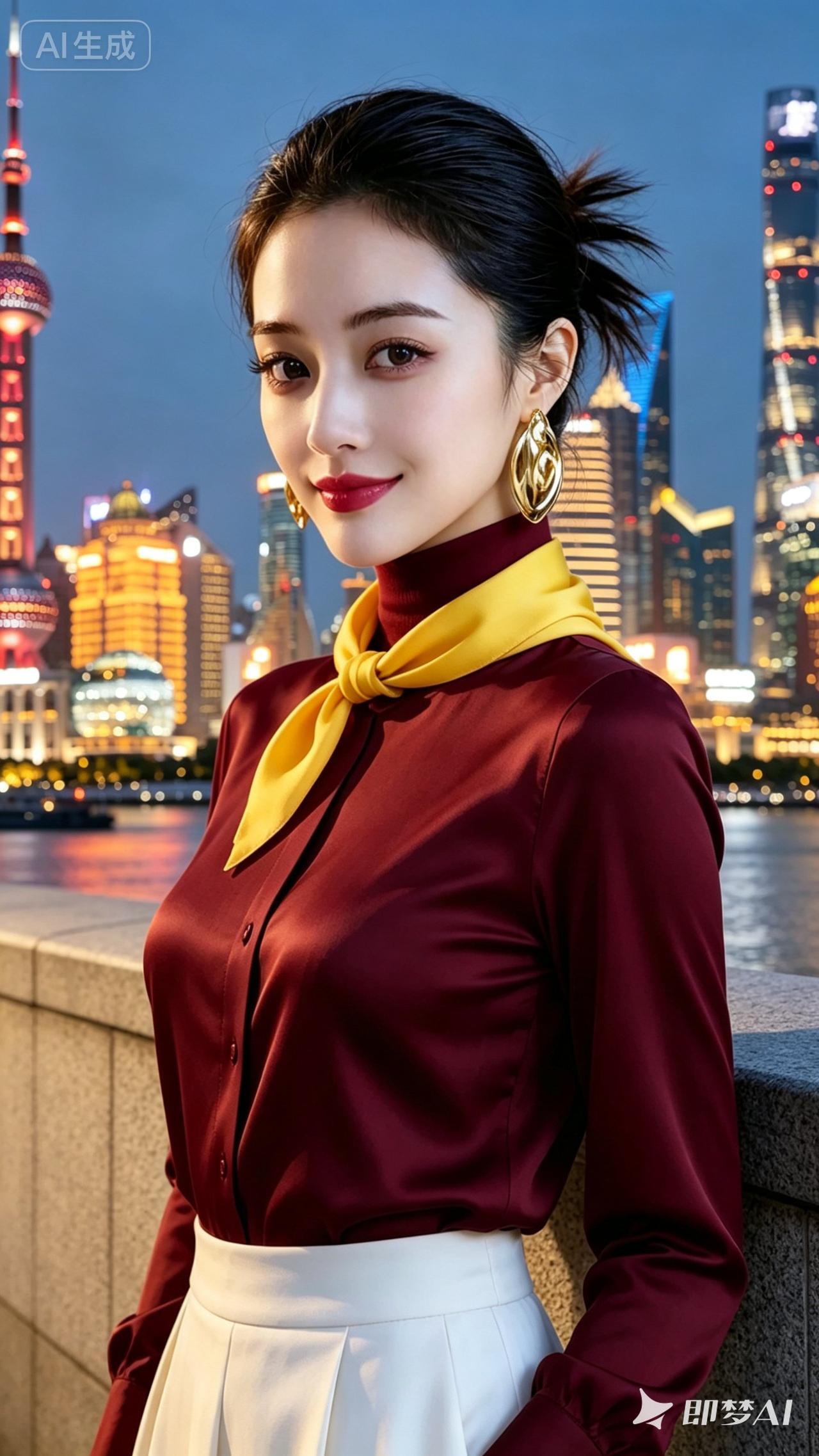 都市夜景下的优雅女性，红色衬衫与黄色丝巾的搭配，尽显时尚与自信。