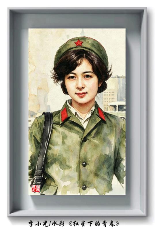 李小彩水彩画欣赏《红星下的青春》。