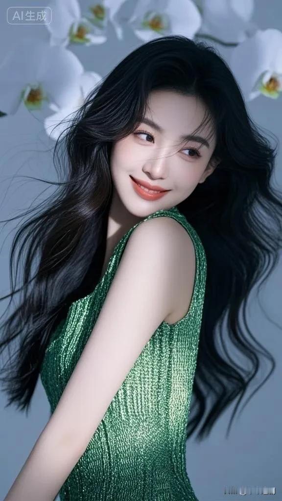 鎏绿裙身漾着细碎光泽，卷发散着慵懒弧度。浅笑间，身后的兰花都成了陪衬，在浅灰底色