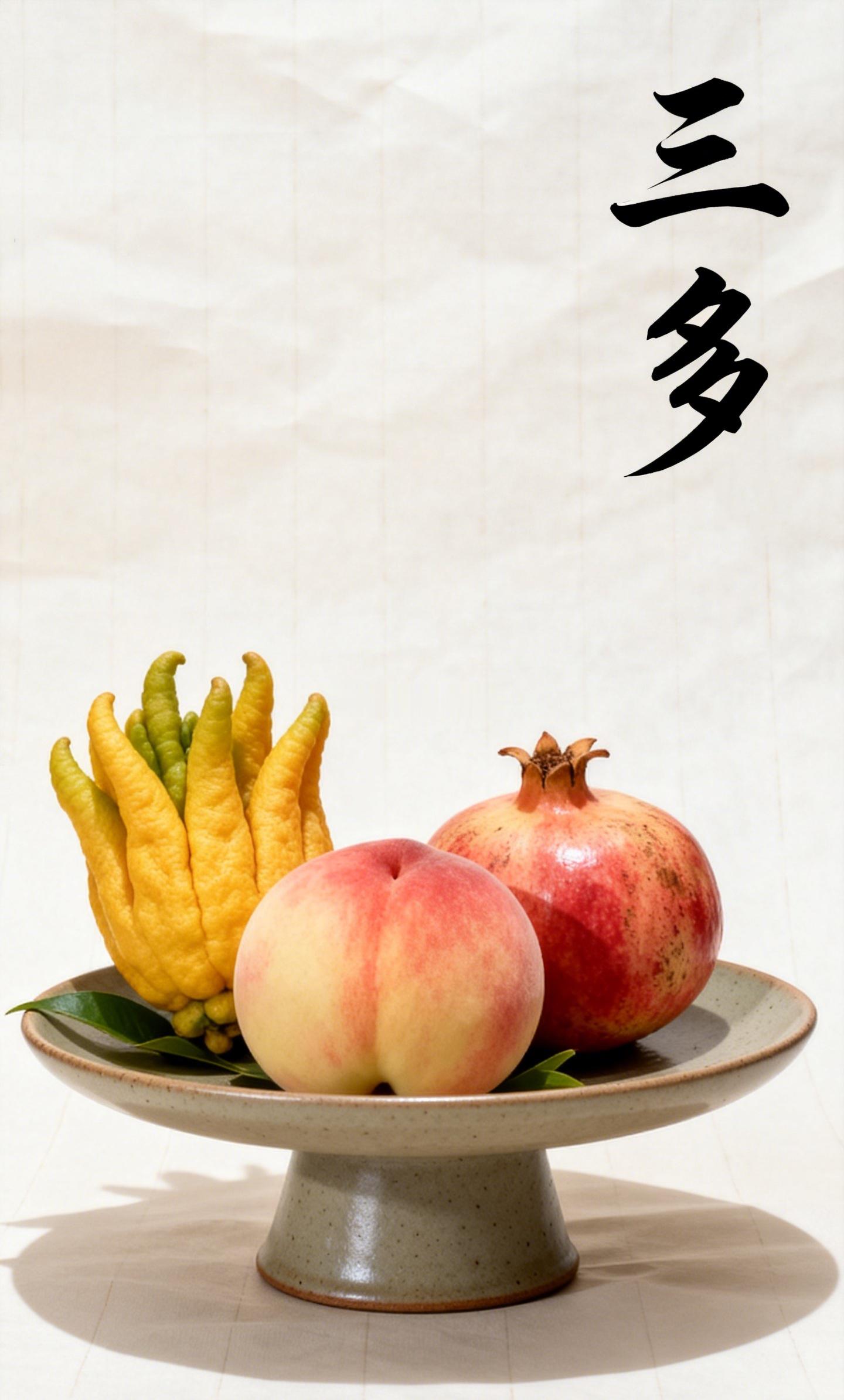 旧画和器物里常把佛手、桃、石榴放在一起，称为三多：佛手取福，桃取寿，石榴取多子。