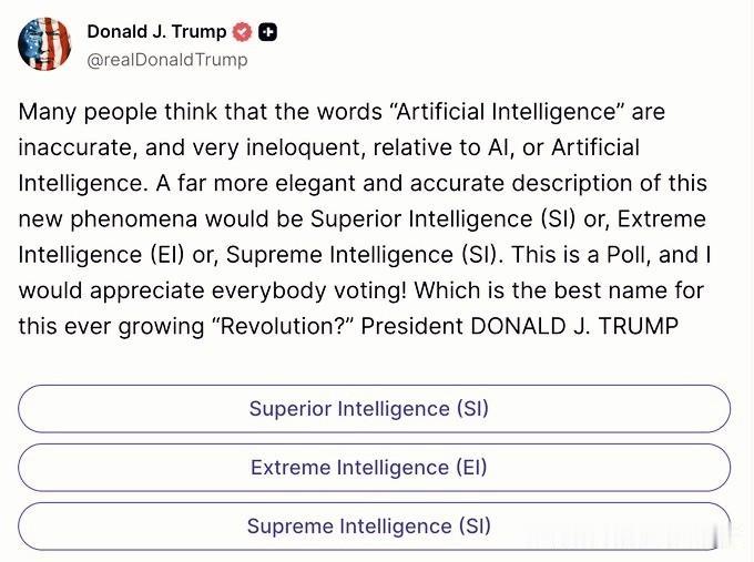 改名上瘾的老特又瞄上了人工智能，他吐槽说“人工智能（Artificial Int