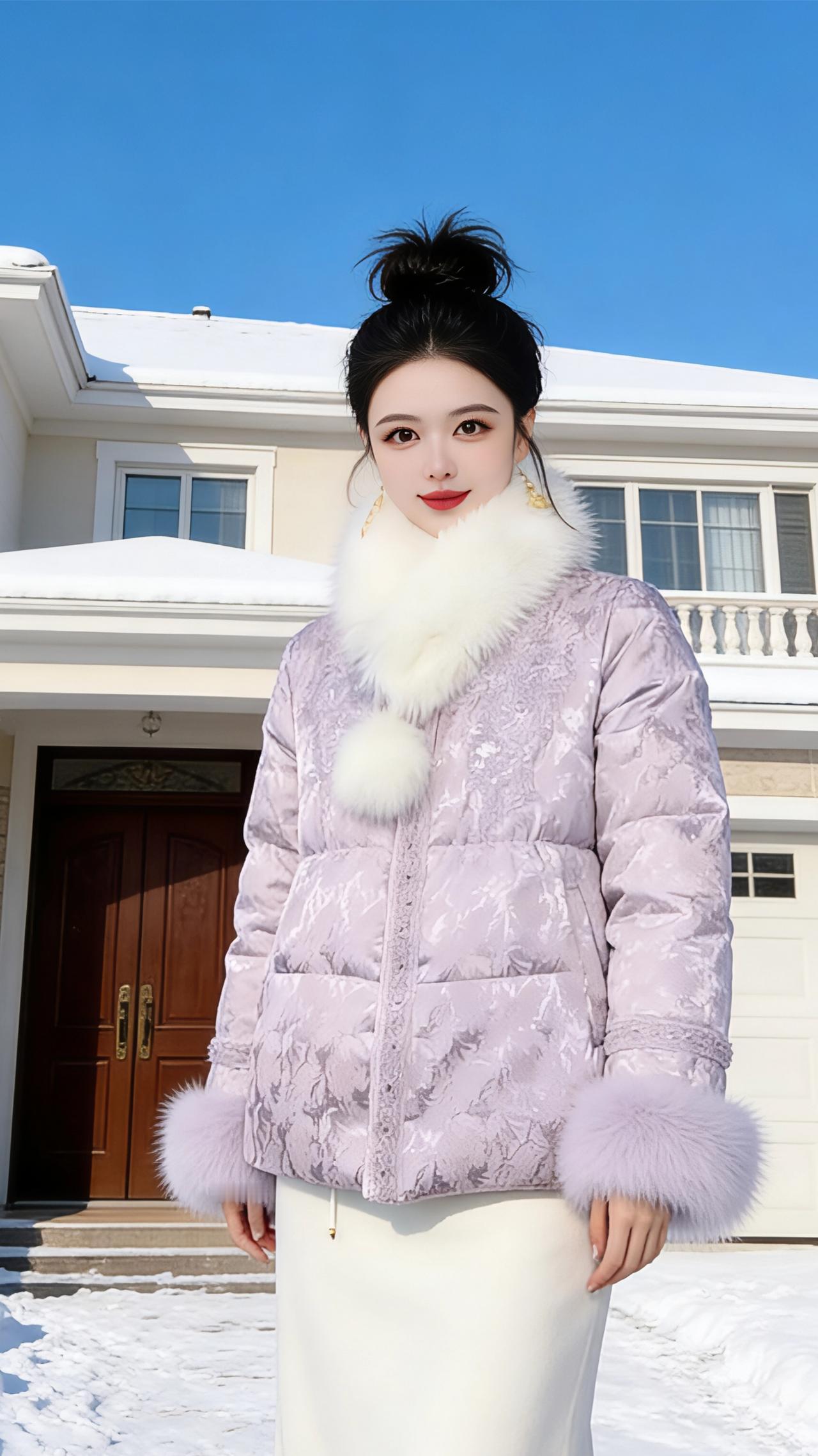 雪墅边的柔紫序章
 
冬雪给米白色的别墅覆了层松软的绒，澄澈的蓝天悬在檐角，把冷