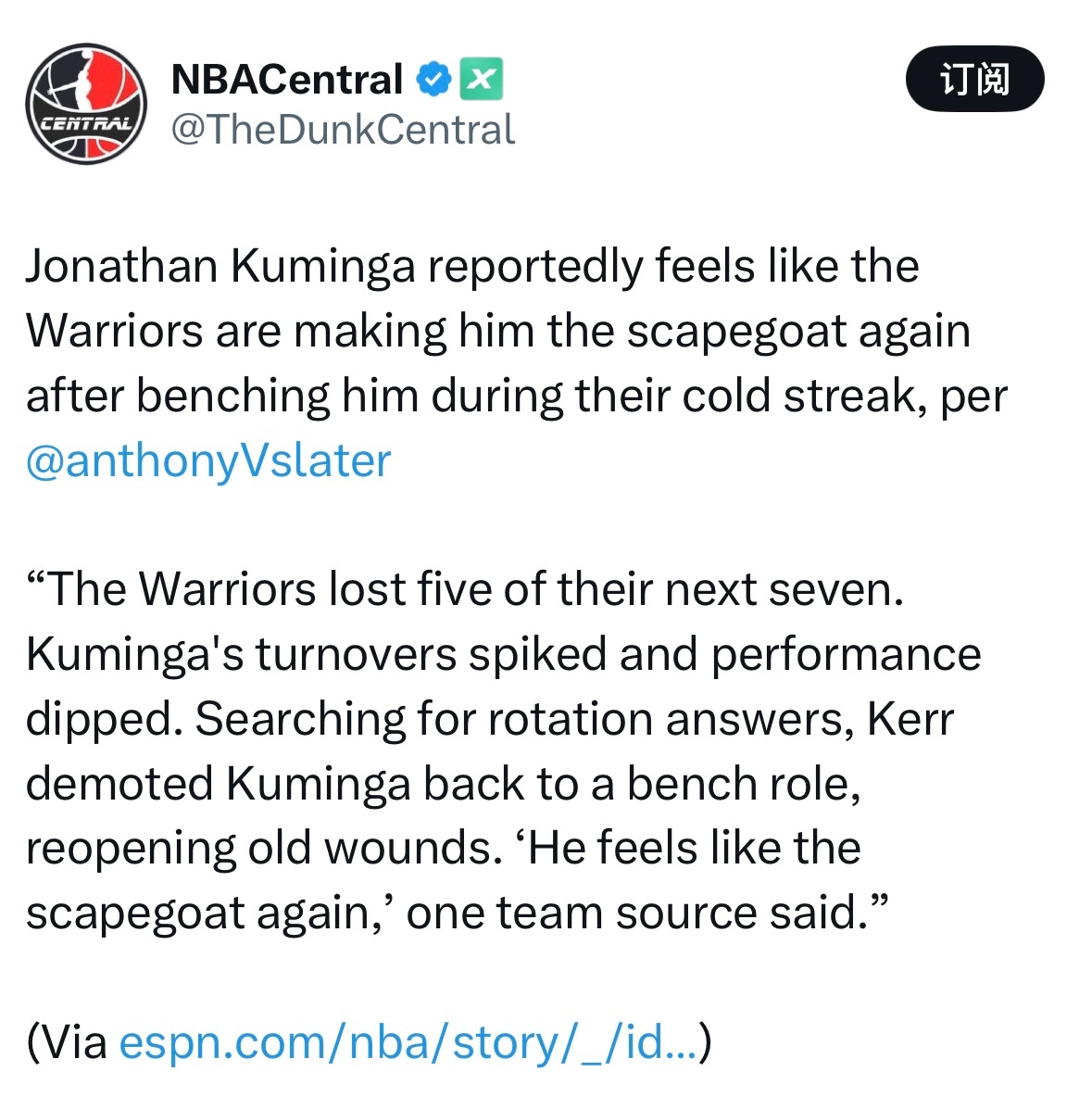 勇士记者Anthony Slater：在勇士队陷入连败低谷期间被雪藏后，库明加认