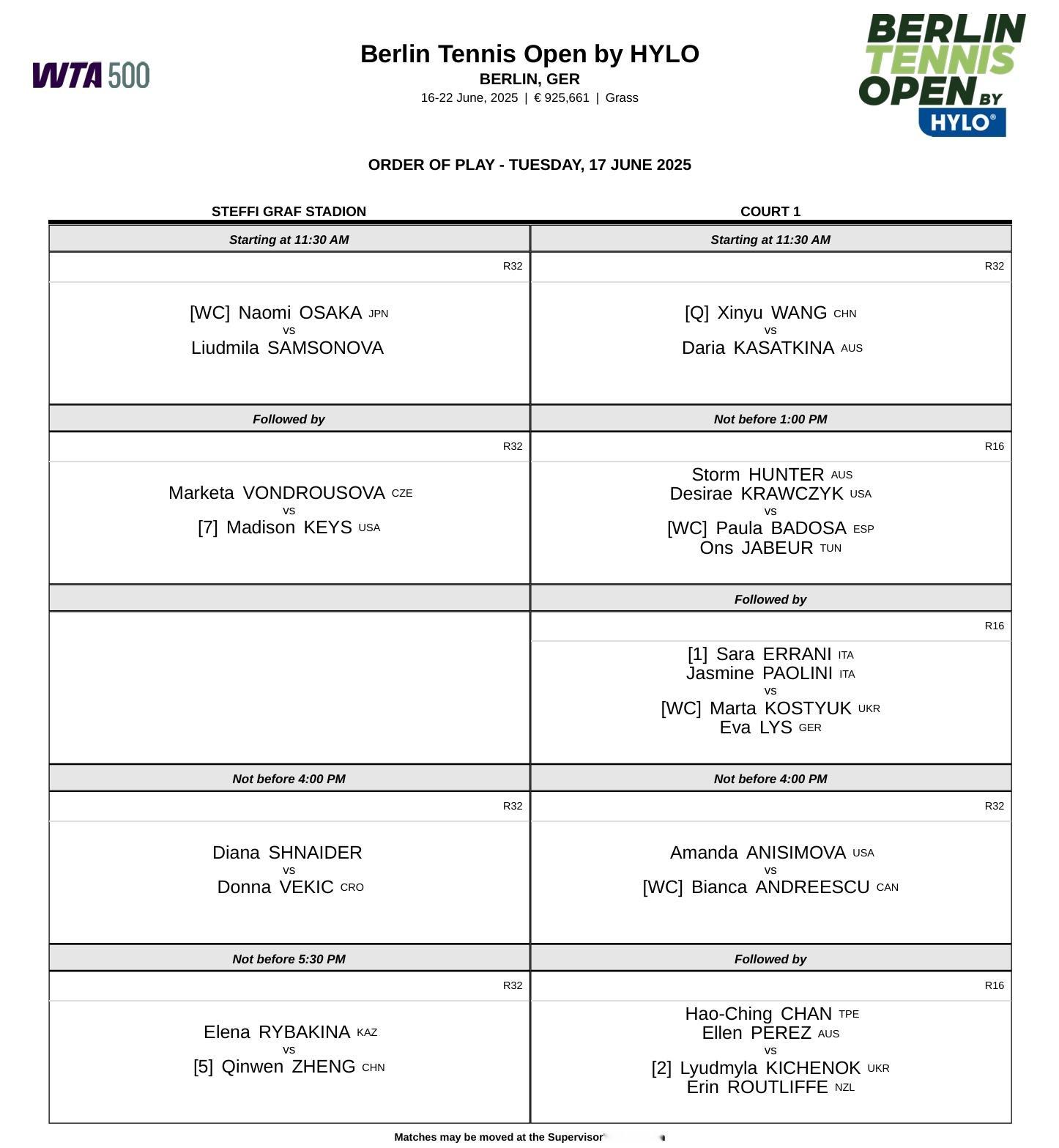 今日赛程📅📍WTA500柏林站郑钦文迎战莱巴金娜，王欣瑜对阵卡萨金娜，首轮多