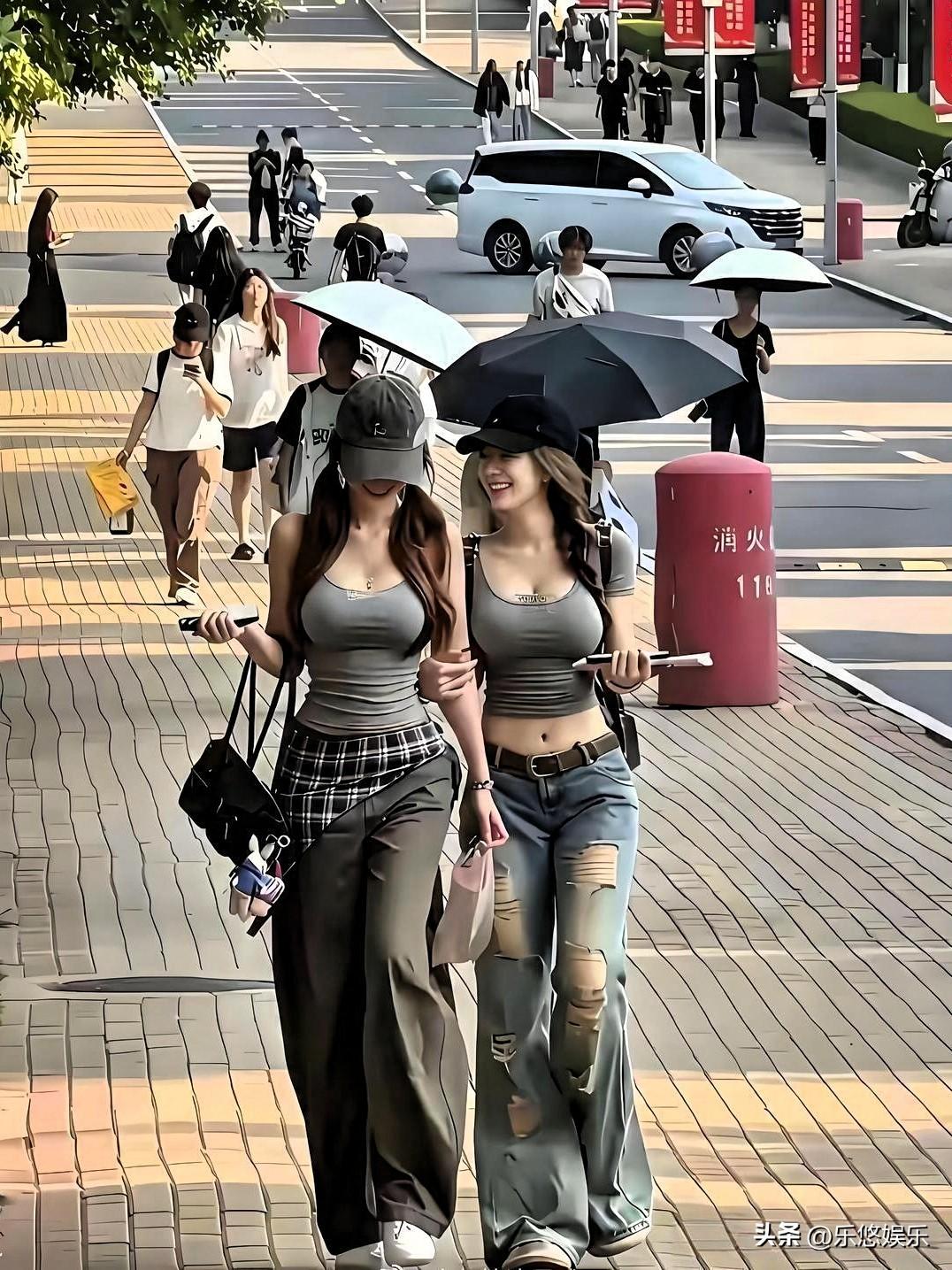 街拍姐妹花穿搭，姑娘长的好看穿什么衣服都好看…
本以为是大学街拍时的神仙闺蜜出片