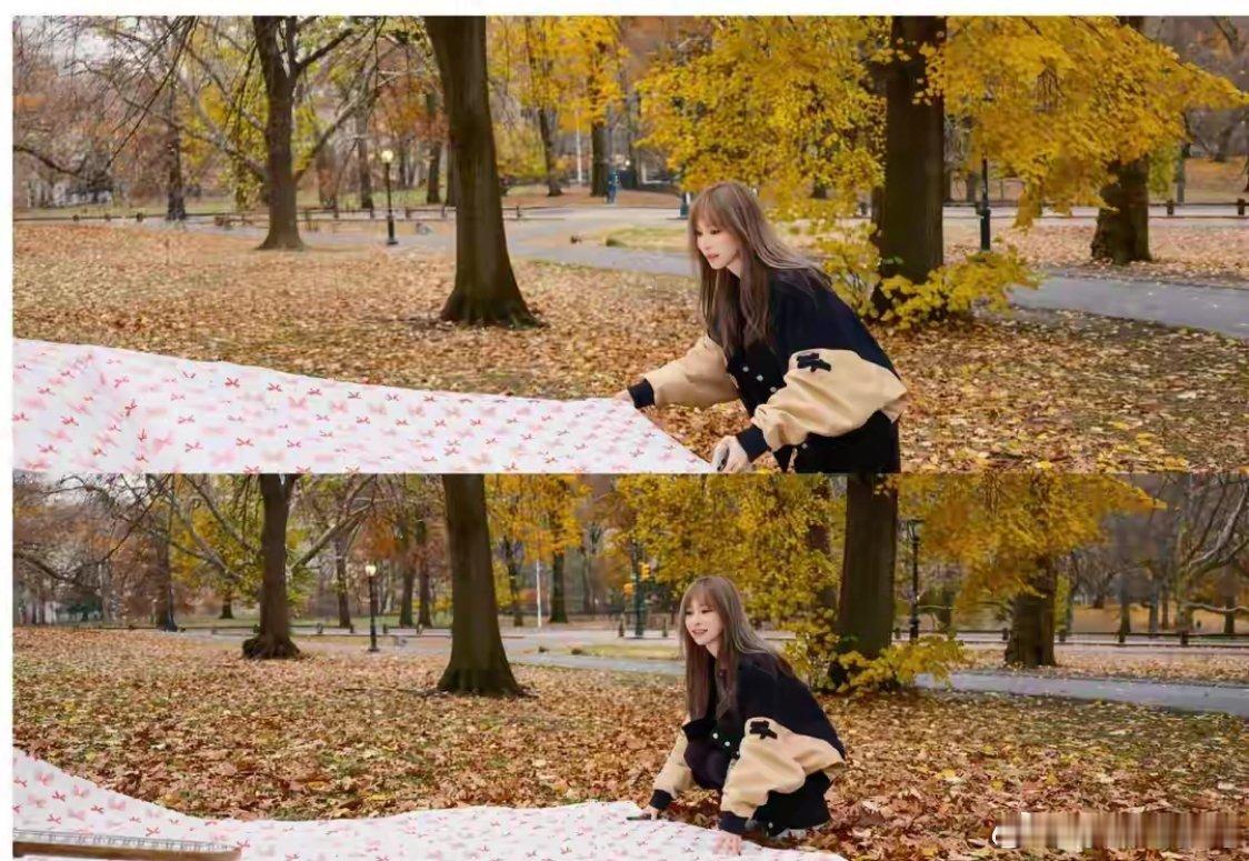 王心凌在纽约中央公园野餐，吃着美食，枫叶树下拍照，氛围拉满好美呀！！！～ 