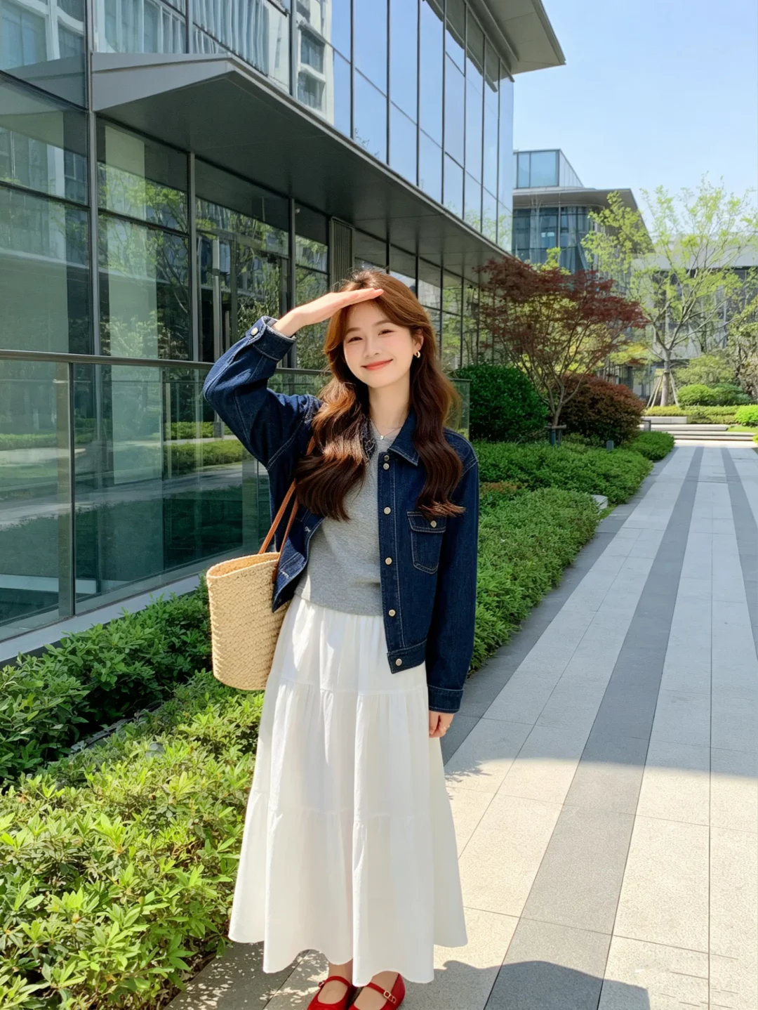 阳光明媚，牛仔和白裙子很配～