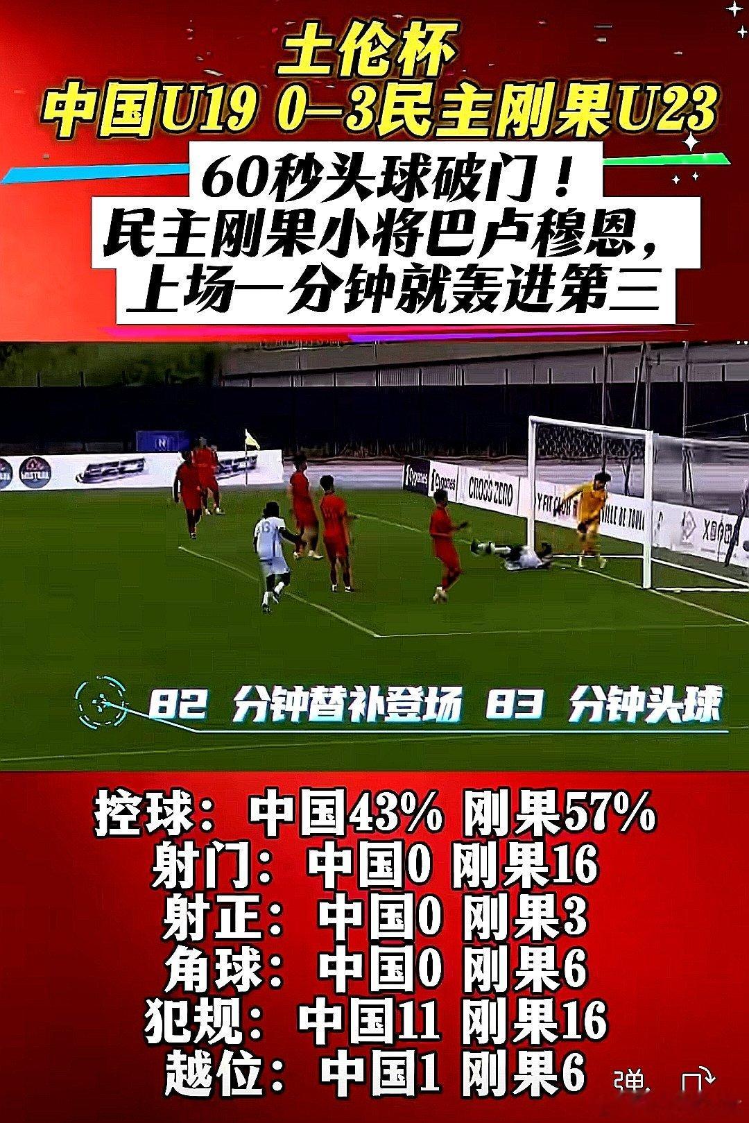 参加土伦杯的中国大陆u19国家队0-3惨败民主刚果u23队。民主刚果就是过去的扎