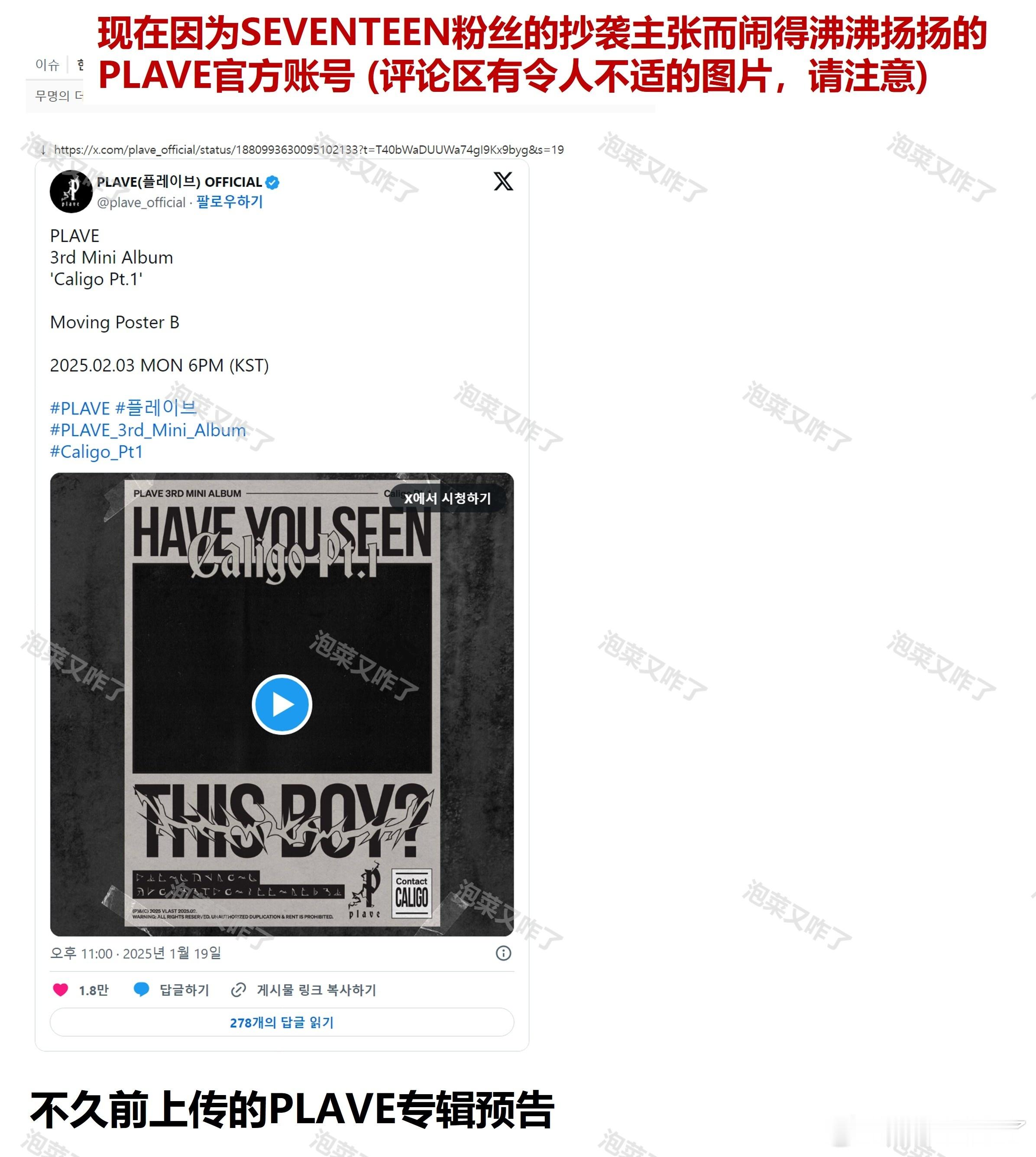 现在因为SEVENTEEN粉丝的抄袭主张而闹得沸沸扬扬的PLAVE官方账号 🔥