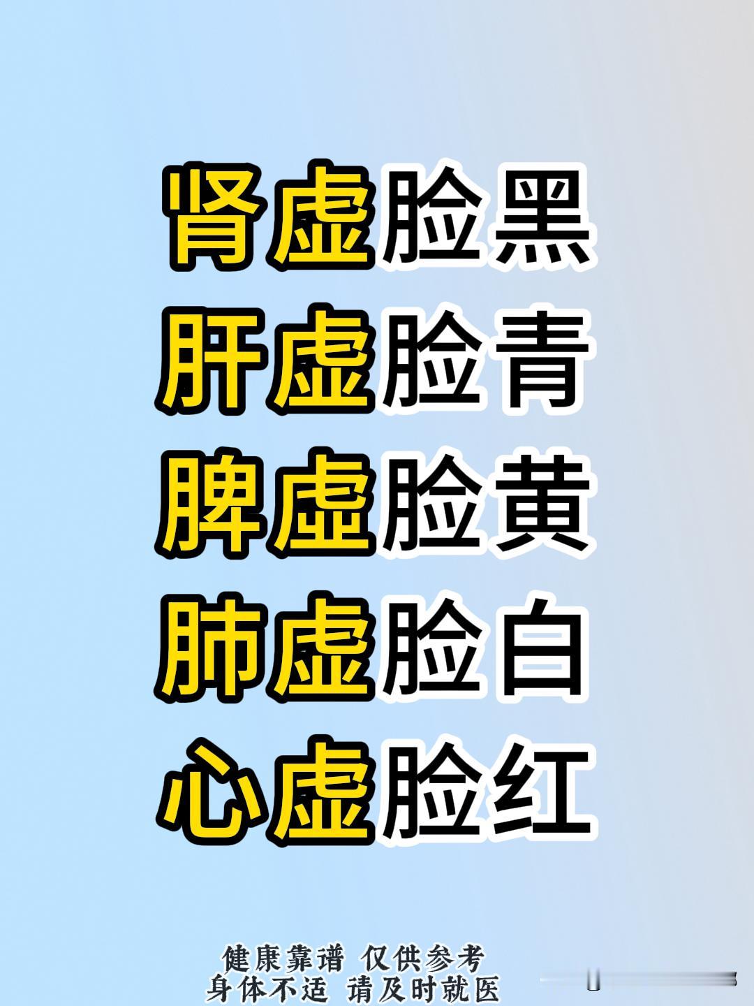 肾虚脸黑，肝虚脸青，脾虚脸黄，肺虚脸白，心虚脸红！
