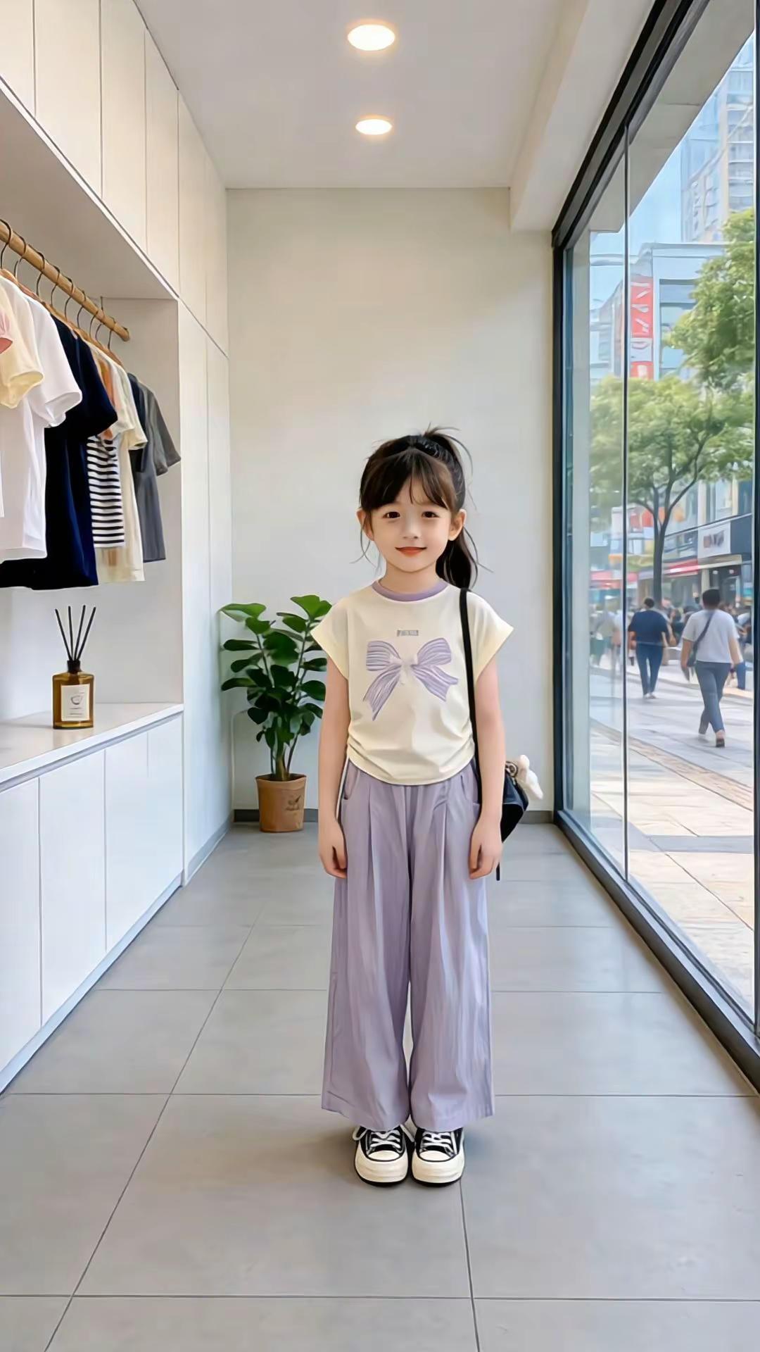 女童夏日清凉套装✨。奶fufu的蝴蝶结飞袖T恤也太甜啦！软糯亲肤不闷汗，浅紫阔腿