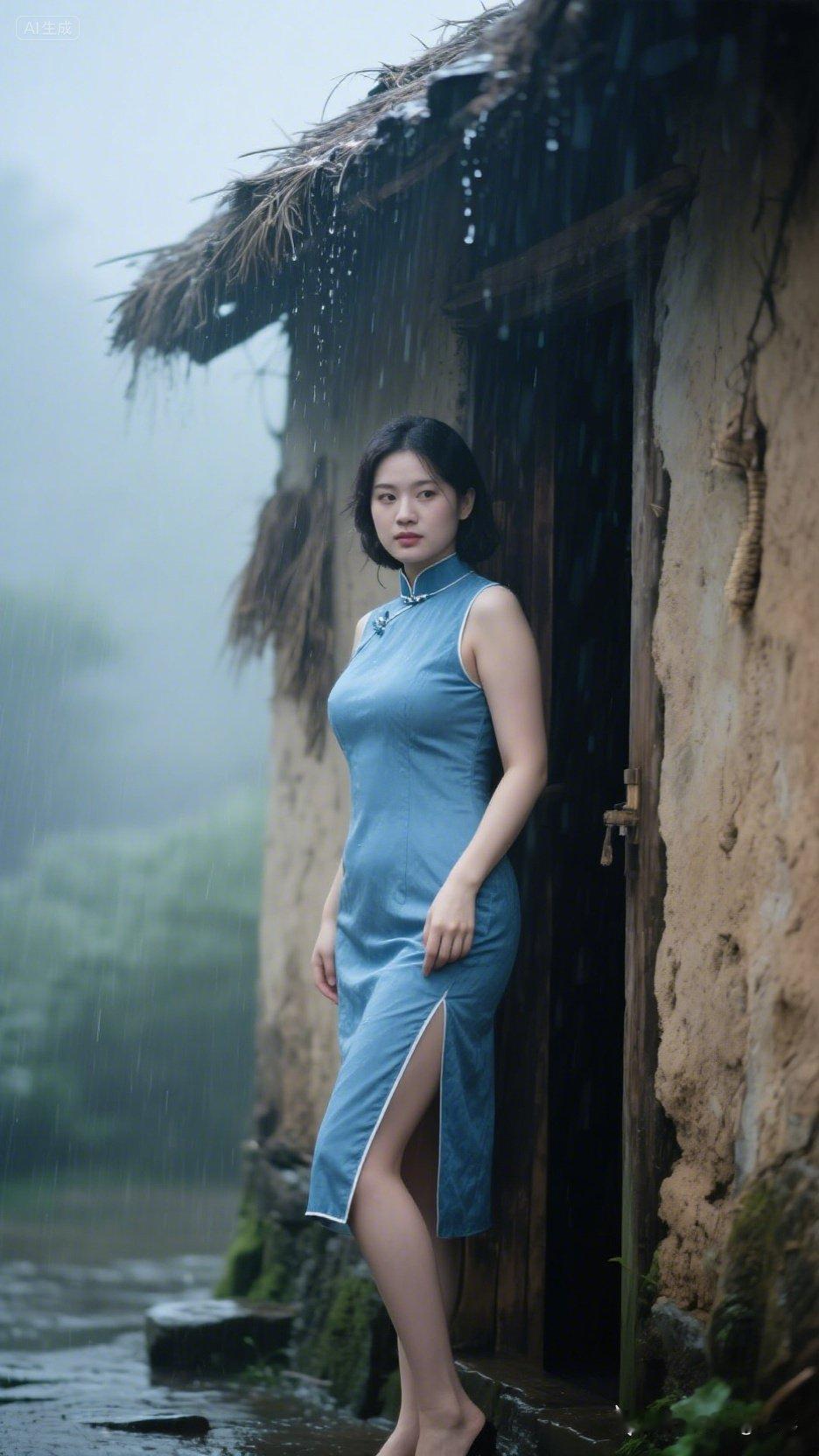 雨中漫步，蓝裙飘逸，古风古韵，唯美如画。