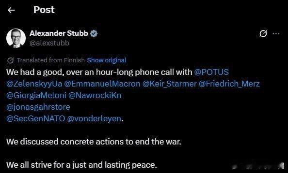 泽连斯基称与特朗普的会晤非常成功 ❗芬兰总统斯图布在X平台表示："我们与唐纳德·