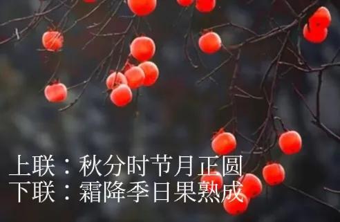 上联：秋分时节月正圆；
下联：霜降季日果熟成。
#上联：秋分时节月正圆，诚邀下联