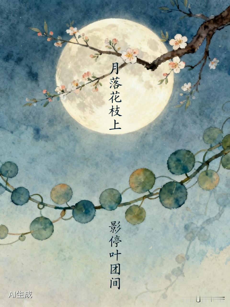 上联:月落花枝上;
下联:影停叶团间。