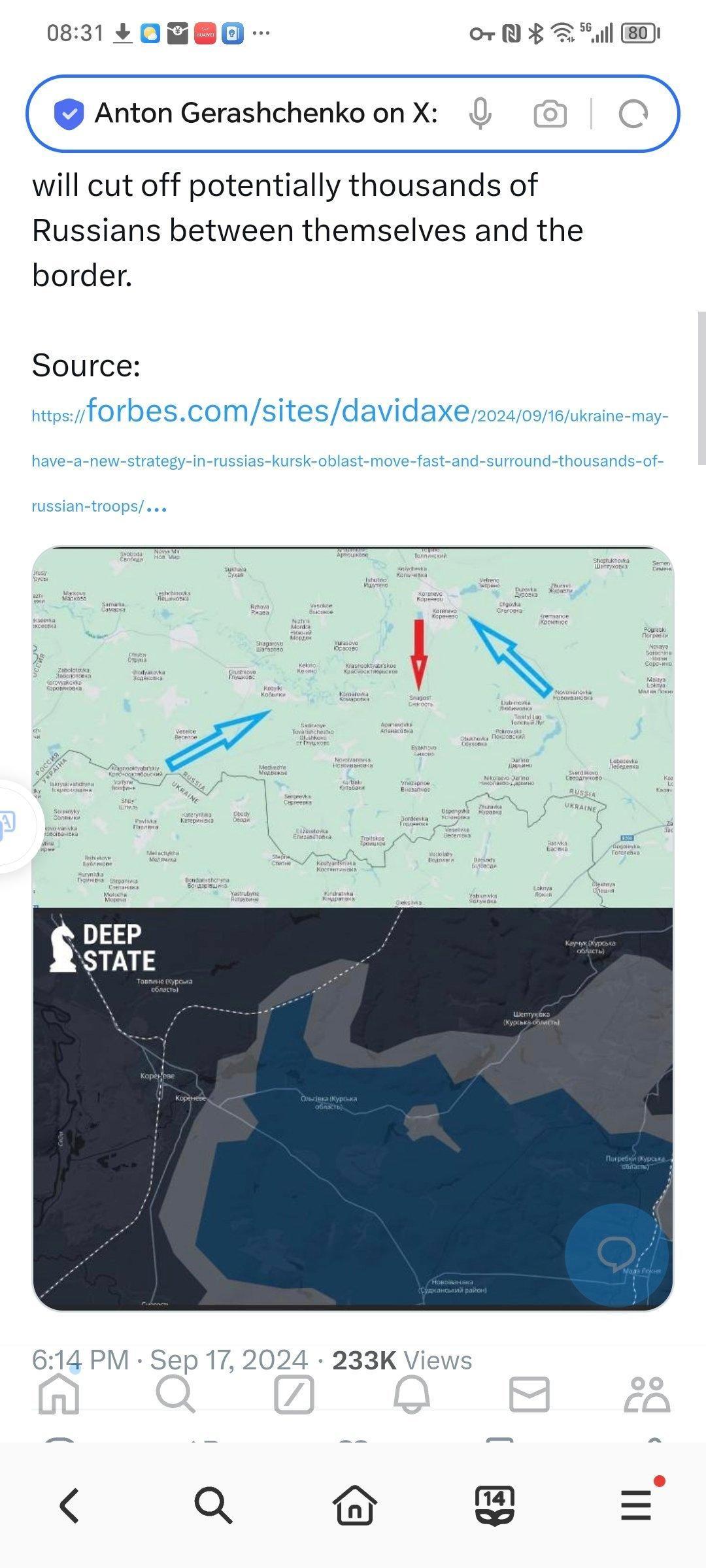 乌克兰武装部队迫使俄罗斯军队撤退到库尔斯克州赫卢什科夫以南33.46平方公里处。