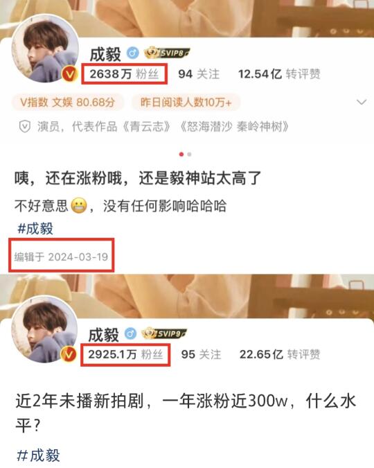 近2年未播新拍剧，一年涨粉近300w，什么水平？ 成毅