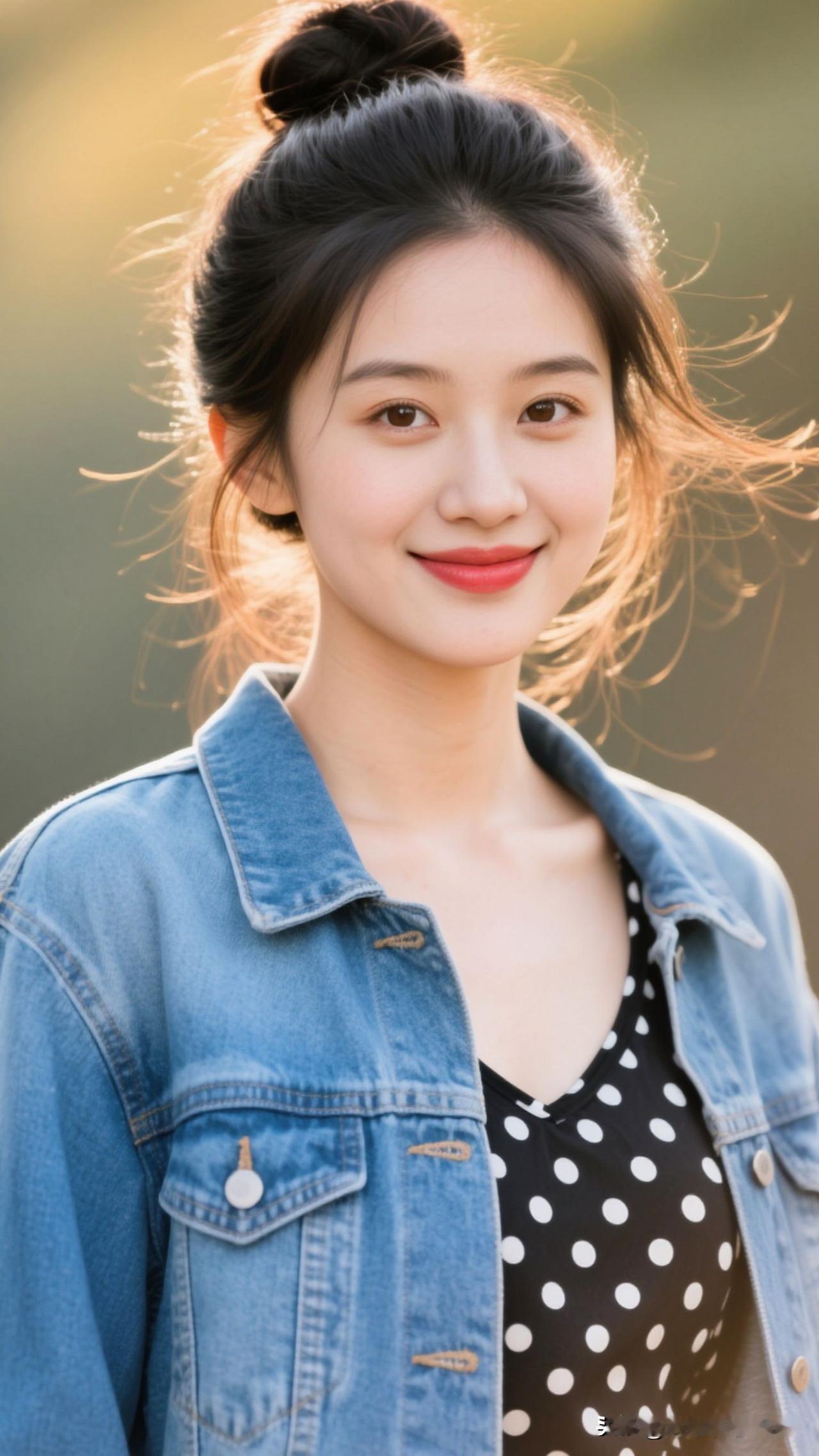 🌸 波点是揉碎的星子，牛仔是裁下的晴空，她一笑，连空气都浸着自由的甜。