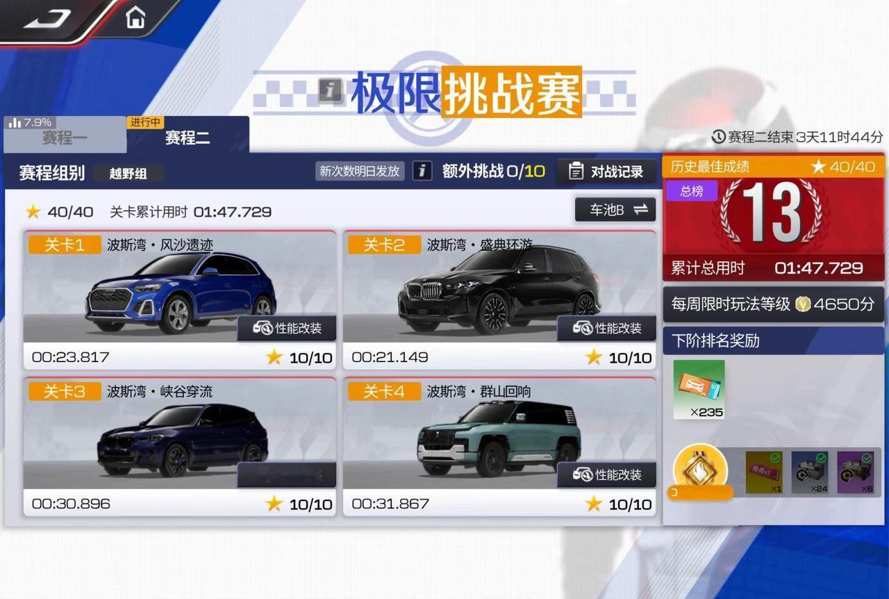 越野组真没人玩了吗。我一个刚完一赛季的新手都能上全服13，四个车都没满阶巅峰极速