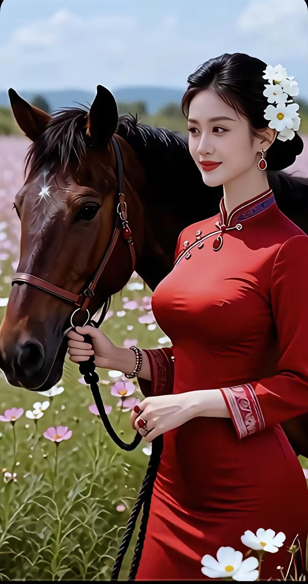 清江引·红妆策马
红裳似霞原野旷，
雪簪青丝亮。
纤手牵辔长，
朱唇香盈巷。
晴