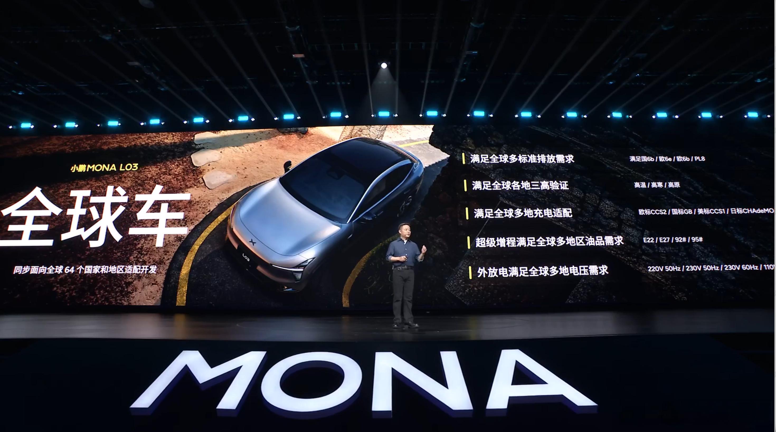 小鹏MONA L03作为全球车，同步面向全球64个国家和地区适配开发，同时满足中