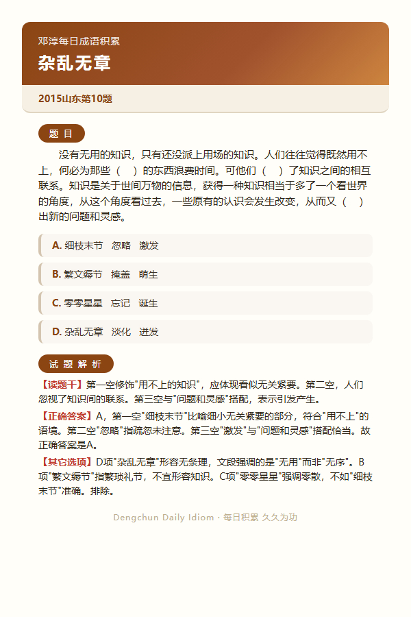 今日公考言语高频成语：杂乱无章+3 道真题 